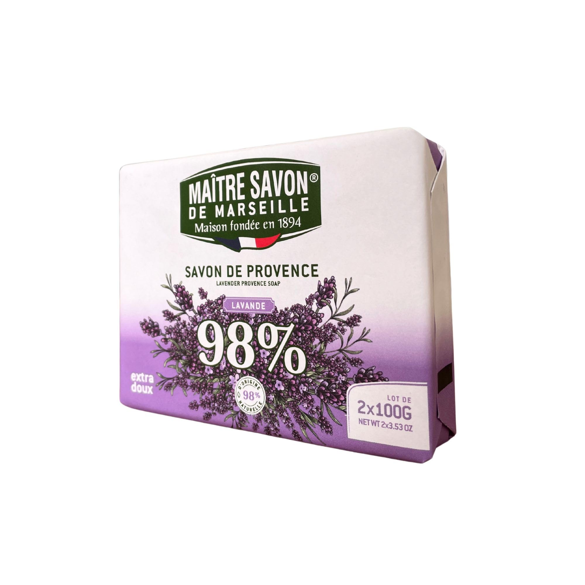 Maître Savon de Marseille - Jabón de Provenza Lavanda – Extra Suave – 2x100g – 99% Ingredientes Naturales – Manos & Cuerpo