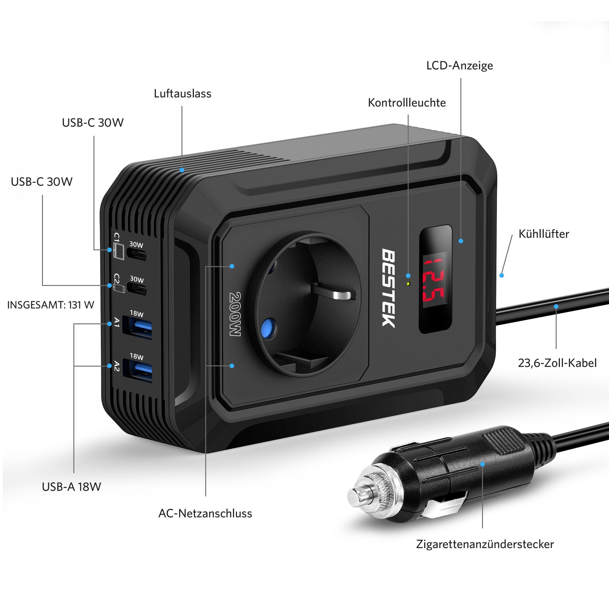BESTEK 200W Spannungswandler 12 V auf 240 V 230 V AC Auto-Wechselrichter,3-pin Steckdosen,2PD 30W und 2 QC18W Anschlüsse Anschlüssen Zigarettenanzünderstecker,von Laptops, iPhones,und mehr,Schwarz