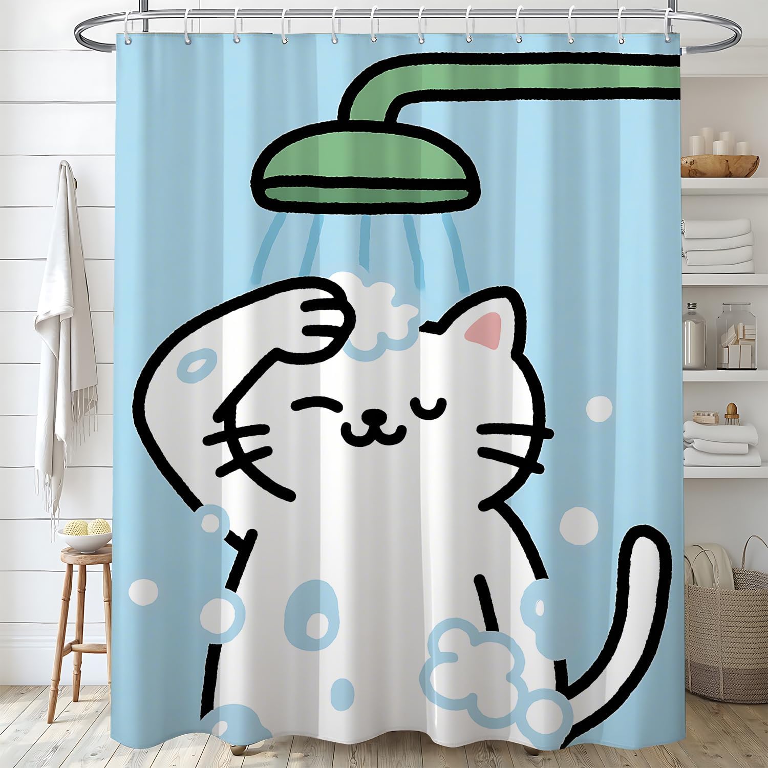 Cute Cat Bath Time Shower Curtain- Cute Cartoon Kitten Showering with Bubbles, Waterproof Bathroom Decor Set with Hooks 72x72 Inches
