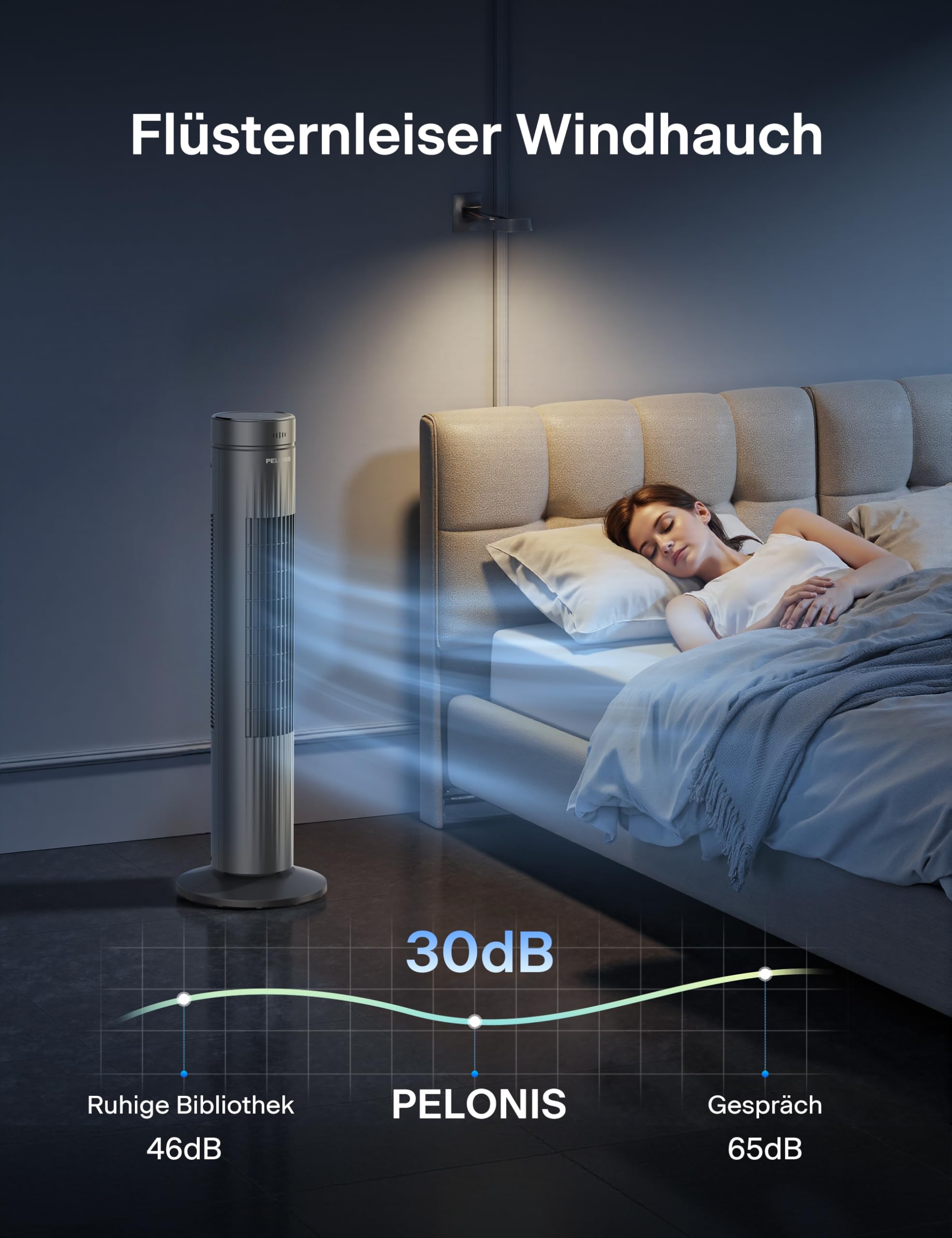Pelonis Turmventilator mit Fernbedienung, 3 Geschwindigkeiten, 7-Std-Timer, 3 Modi, leiser Ventilator für Schlafzimmer
