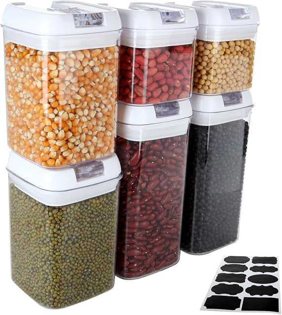 LOLYSIC Airtight Cereal Storage Containers, Set of 6, Airtight Food Storage Containers, Stackable Kitchen Pantry Storage Containers for Food, Flour, Cereal, Spaghetti (White, 0.5L, 0.8L, 1.2L)