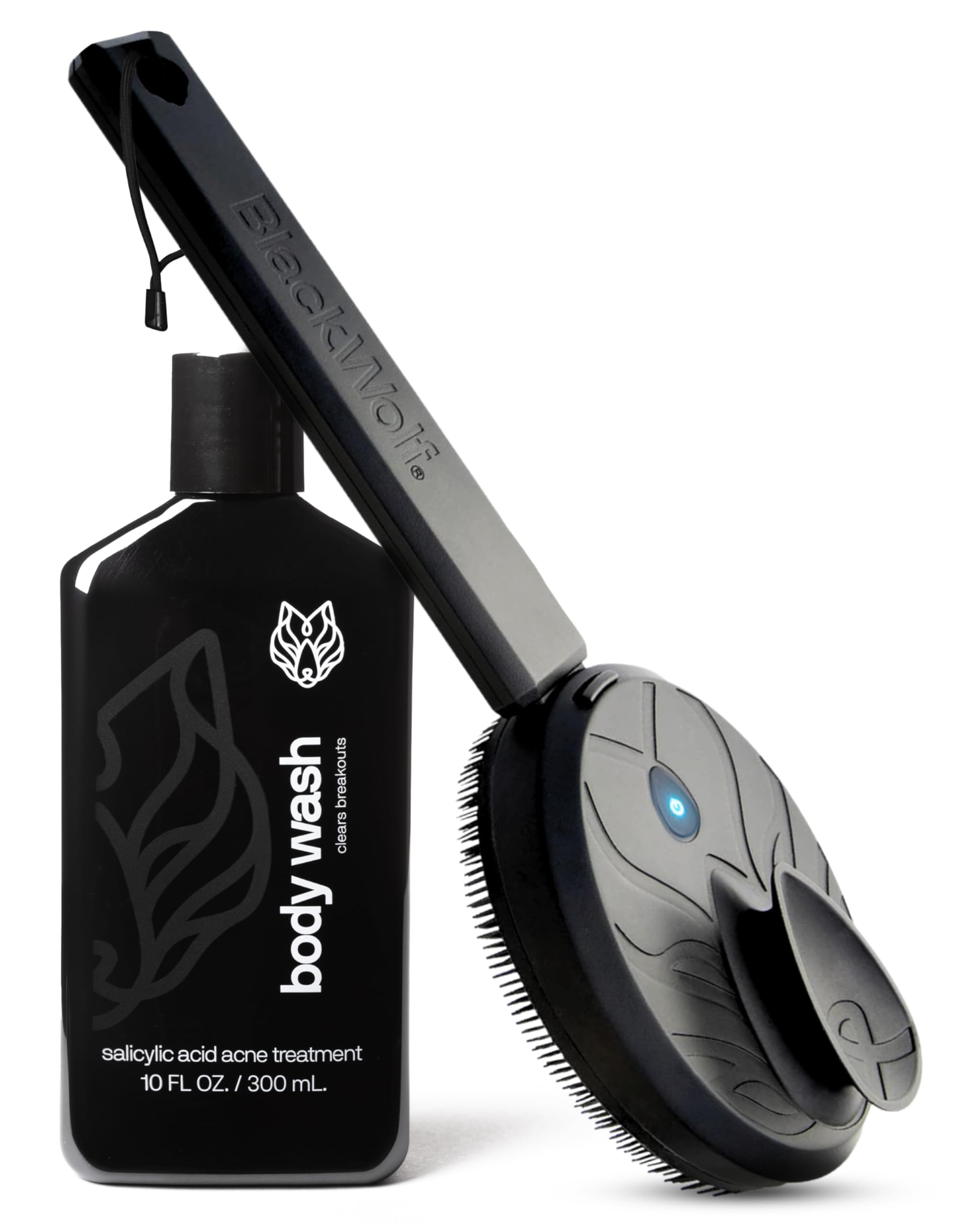 Black Wolf Body Wash & Sonic Scrubber Pro Kit for Men - Vibrating Face & Body Brush with Charcoal Powder Shower Gel, Water Resistant Massage Brush &