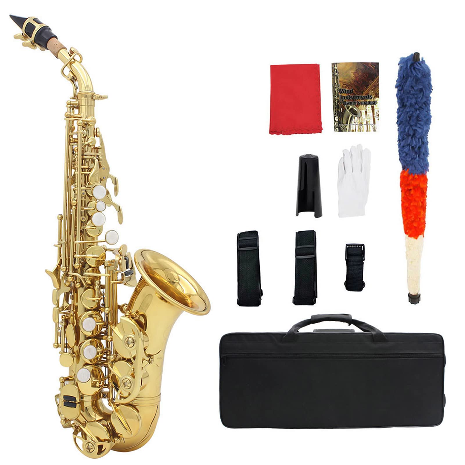 Soprano Saxophone, Bb Bend Althorn Soprano Sax Wind Instruments with Case Gloves Cleaning Cloth Belt (Gold)