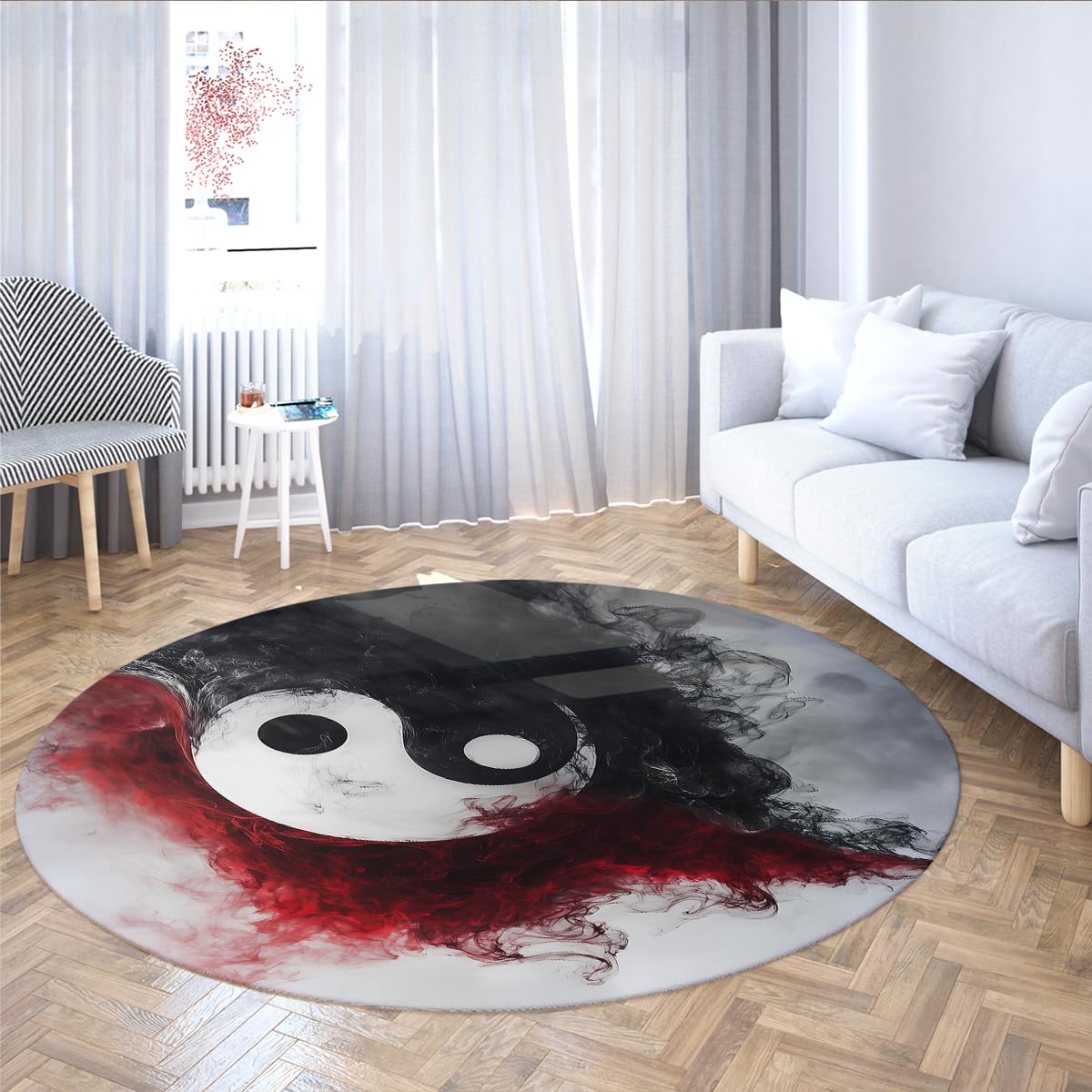 Antypoślizgowy 120 cm Okrągły Dywan Salon Mistyczne Symbole Yin Yang Dywany Miękkie Koło Fantasy Abstrakcyjny Wzór Tai Chi Niskie Włosy Dywan Czarny Czerwony Zmywalny Sypialnia Pokój Dziecięcy