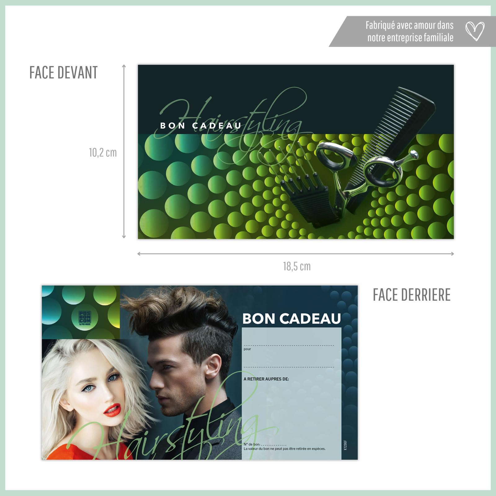 POS BON - 100 bons cadeaux à remplir avec enveloppe/nœud ruban - formulaires imprimés pour des salons de coiffure K1296F-2-100-V1