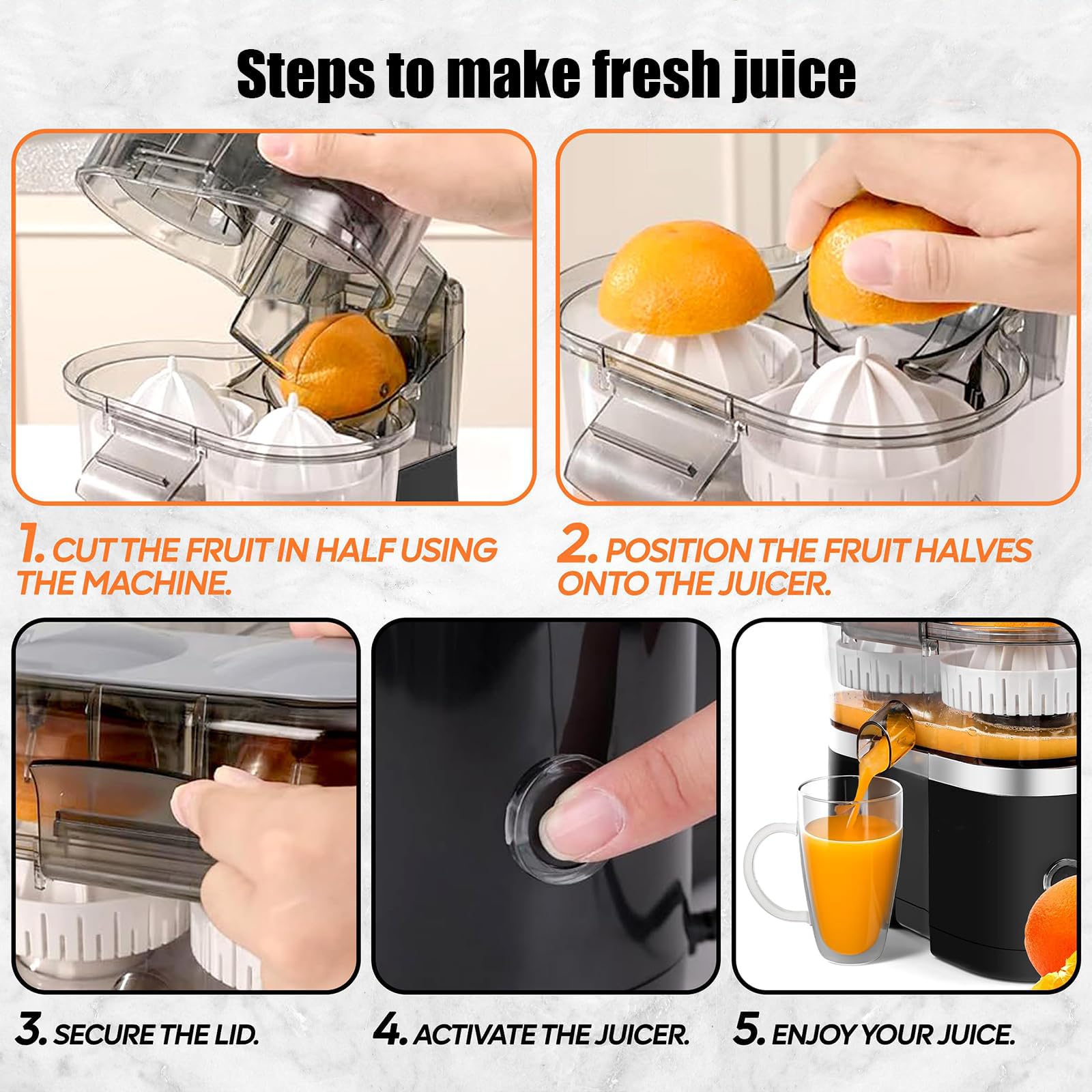 Exprimidor de Naranjas de Doble Cabezal de 59,2 W, Exprimidor Eléctrico de 600 Ml con Cámara de Pulpa de 8 Cuchillas, Rendimiento de Jugo>90%, Exprimidor de 20 Segundos, Exprimidor de Jugo black