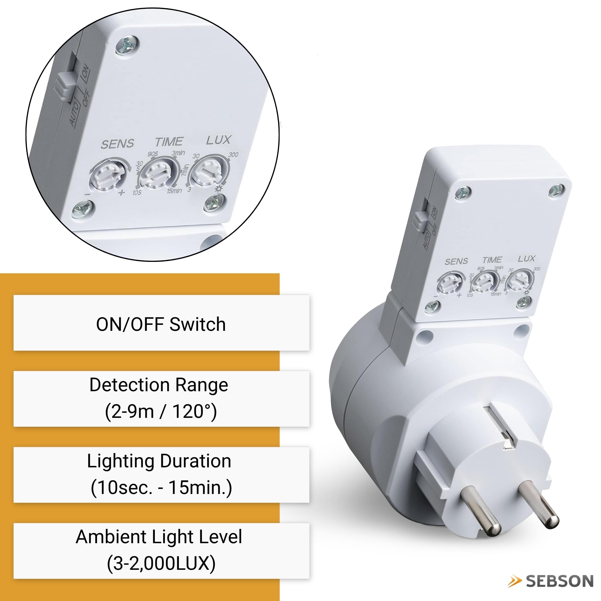 SEBSON Wtyczka pośrednia PIR czujnik ruchu, obrotowy czujnik | Wtyczka Schuko 230 V, programowalna, maks. 1000 W LED, adapter do gniazd wtykowych wewnątrz