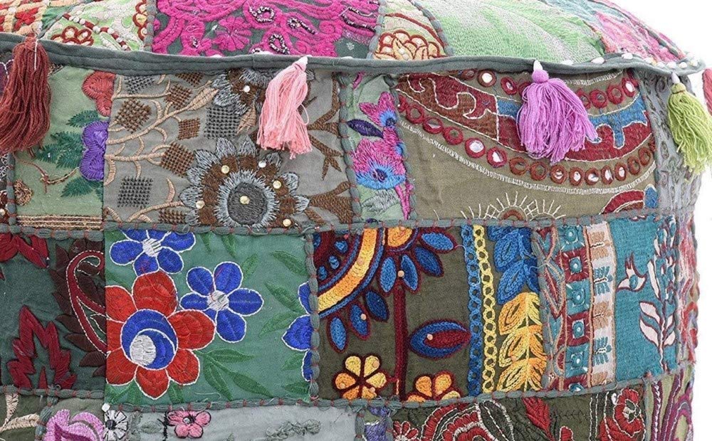Sophia-Art Indian Embroidered Patchwork Cover Indian Decorative Pouf Indian Comfortable Floor Cotton Cushion Ottoman Pouf,Indian Designs Ethnic Patchwork Pouf (Gray, 14"x22") 1