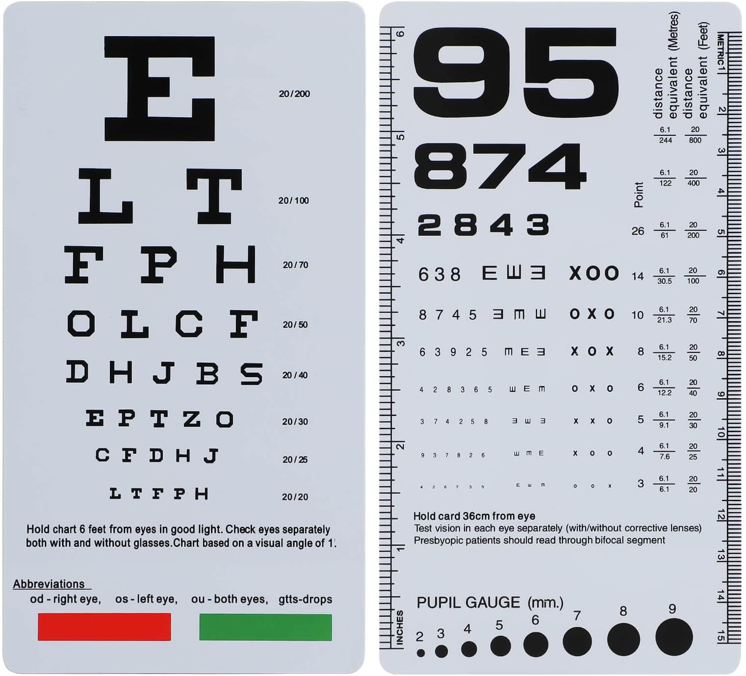NOYOC 2 Pack Pocket Eye Chart, 2 in 1 Snellen & Rosenbaum Chart, 6 Feet & 36cm, Double Sided Plastic, For Home Office Eye Exams