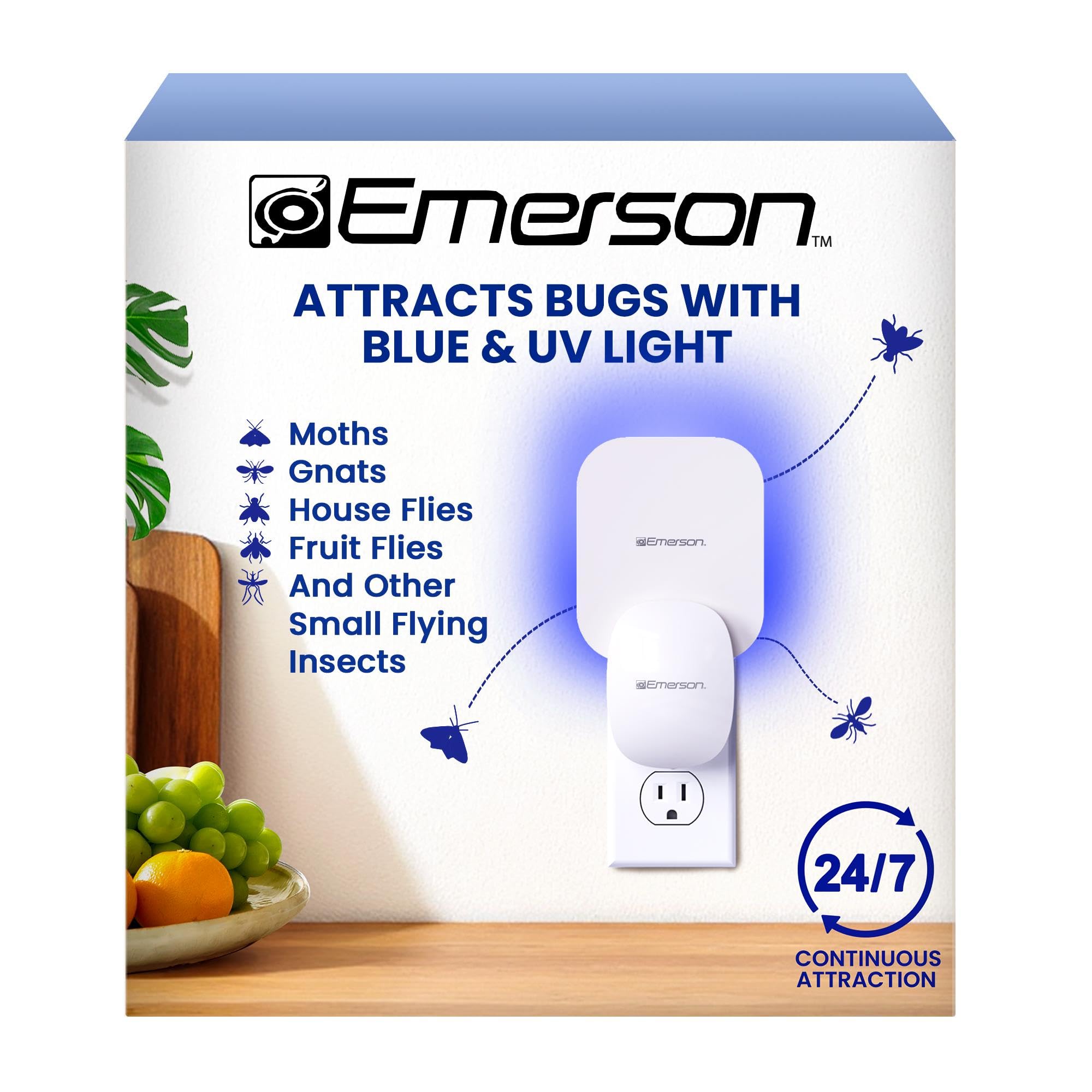 Emerson ITL7103 Plug-in Flying Bug Catcher with UV Light and LED Décor – Indoor Fly, Fruit Fly, Gnat & Moth Catcher, Silent, 24/7 Coverage, Mess-Free, use in Any Room, Includes 3 Glue Cards-image-2