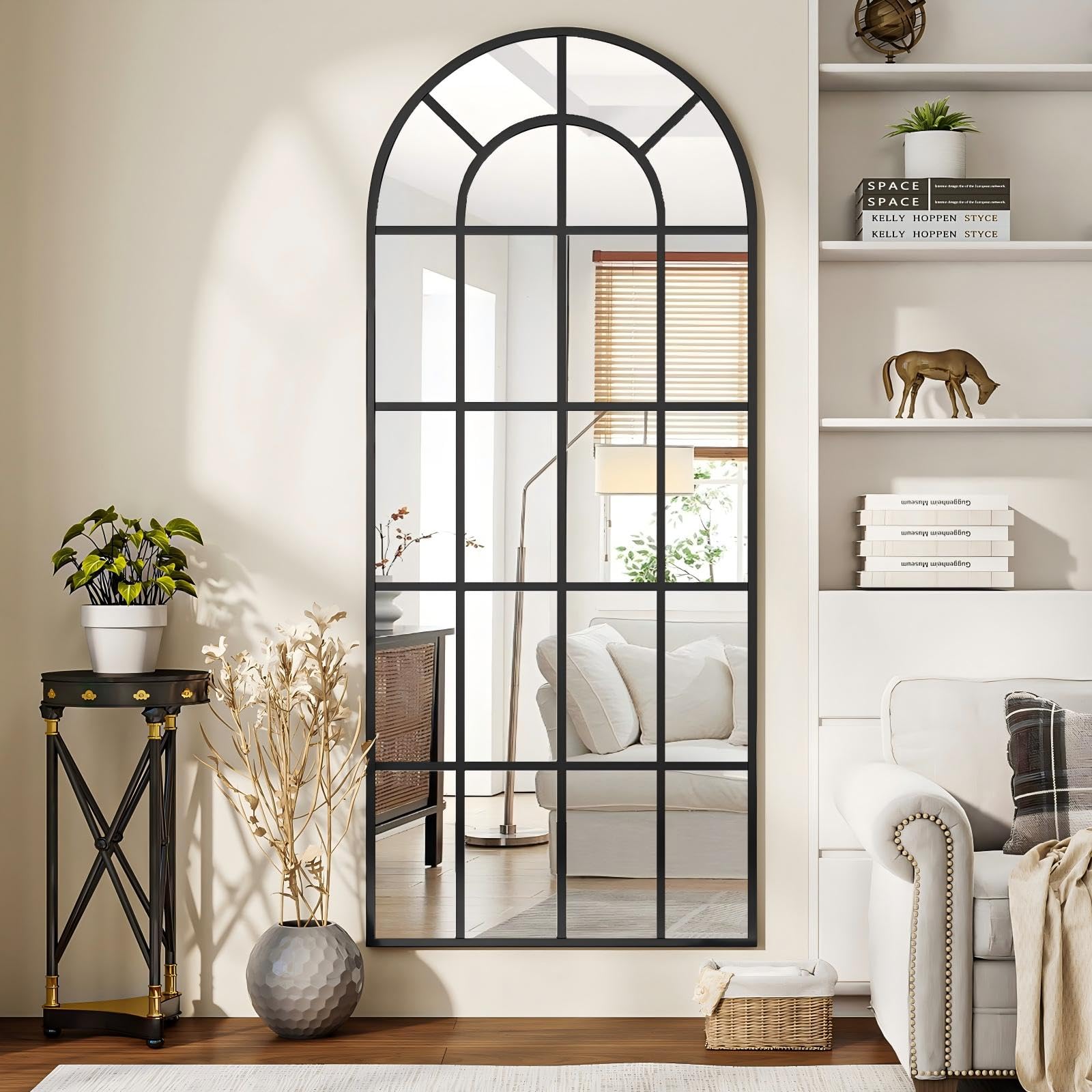 BEAUTYPEAK Standspiegel 165x60 cm, Dekorativer Gewölbter Ganzkörperspiegel hängend oder lehnend an die Wand, Groß Wandspiegel mit Ständer für Schlafzimmer, Wohnzimmer oder Ankleidezimmer, Schwarz