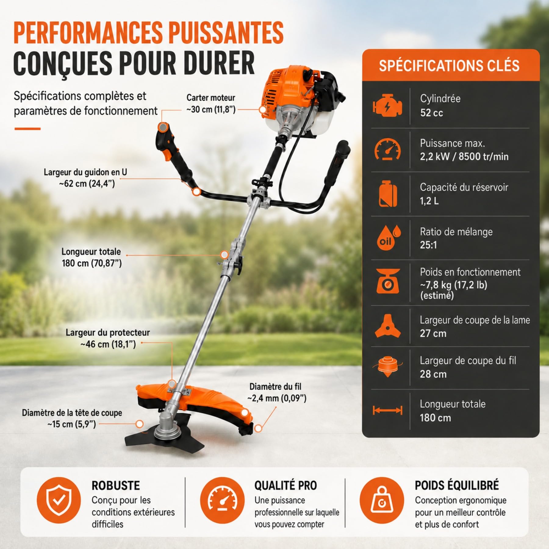 Débroussailleuse Thermique 52 cm³, Débroussailleuse Essence 2 Temps 2,2 KW 8500 TR/Min, 2 en 1 Coupe-Bordure avec Lame 3 Dents, Tête à Fil, Guidon en U Anti-Vibration