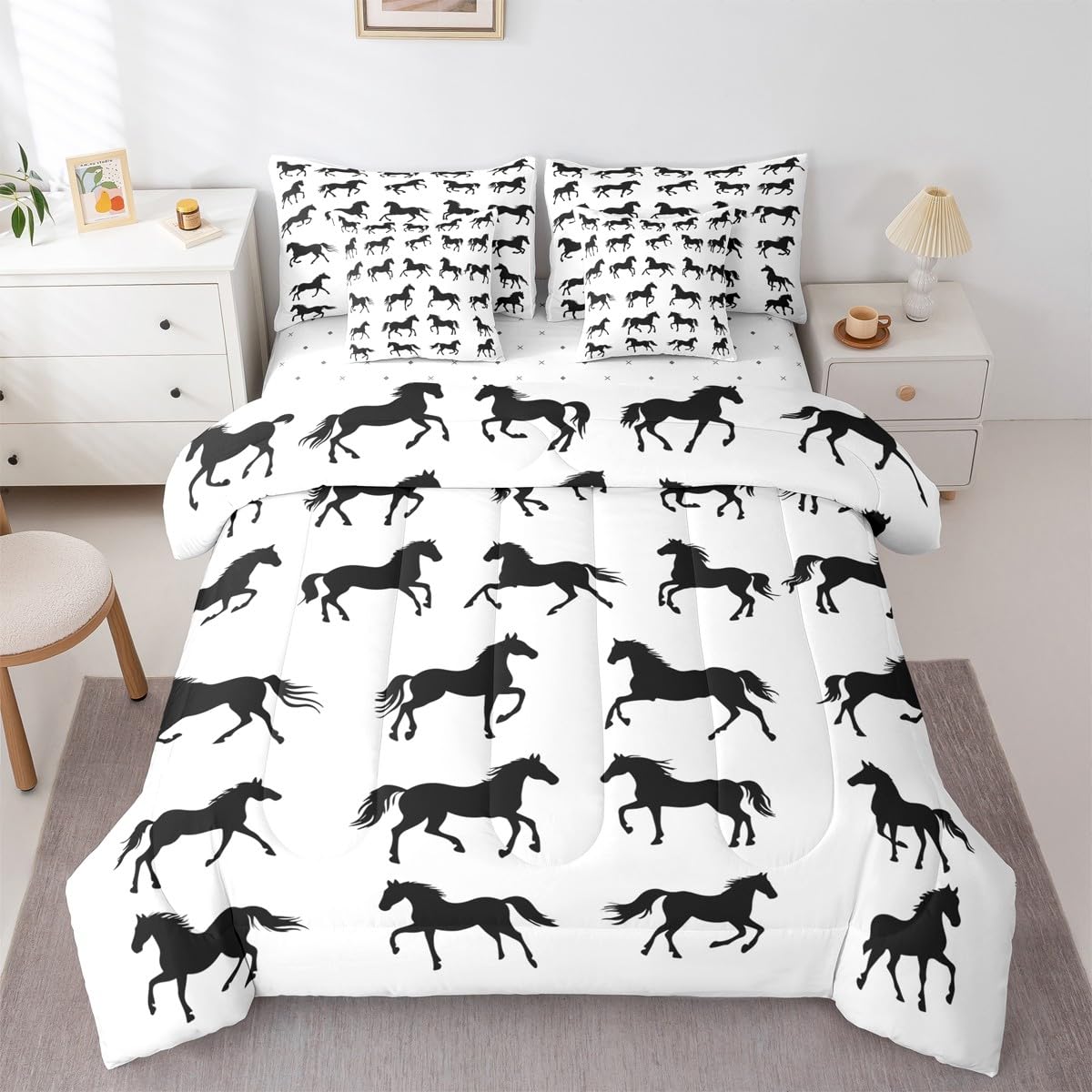 Black Horses 7 Piece Comforter Set Full Bed in a Bag | Horse Gifts for Girls Farm Animals Bedding Sets Wild Animal Western Comforter and Sheet Set,Cowboys Gifts for Men Rustic Bed Sets,Farmhouse Decor