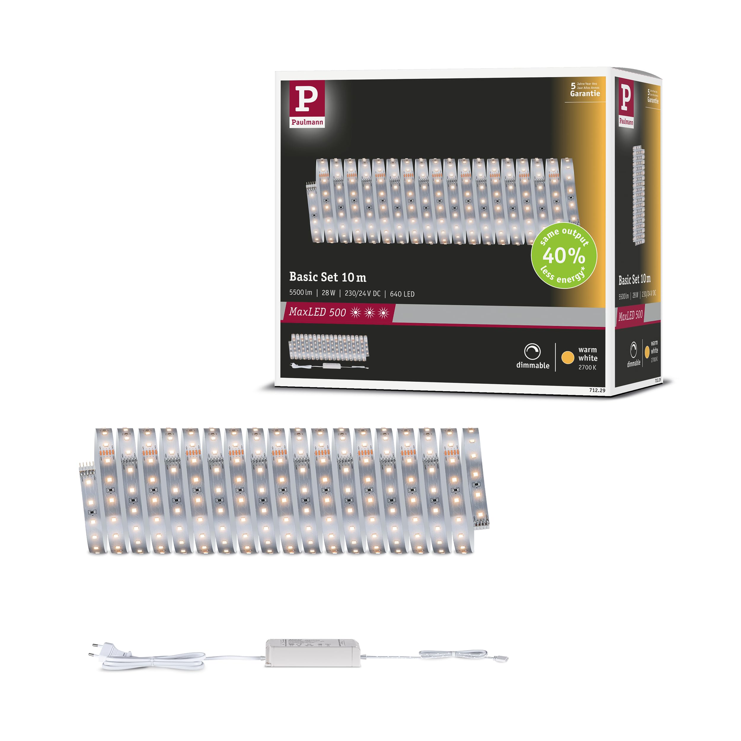 Paulmann MaxLED 500 LED Strip Basisset 10m Warmweiß 28W 550lm/m 2700K 40VA 71229