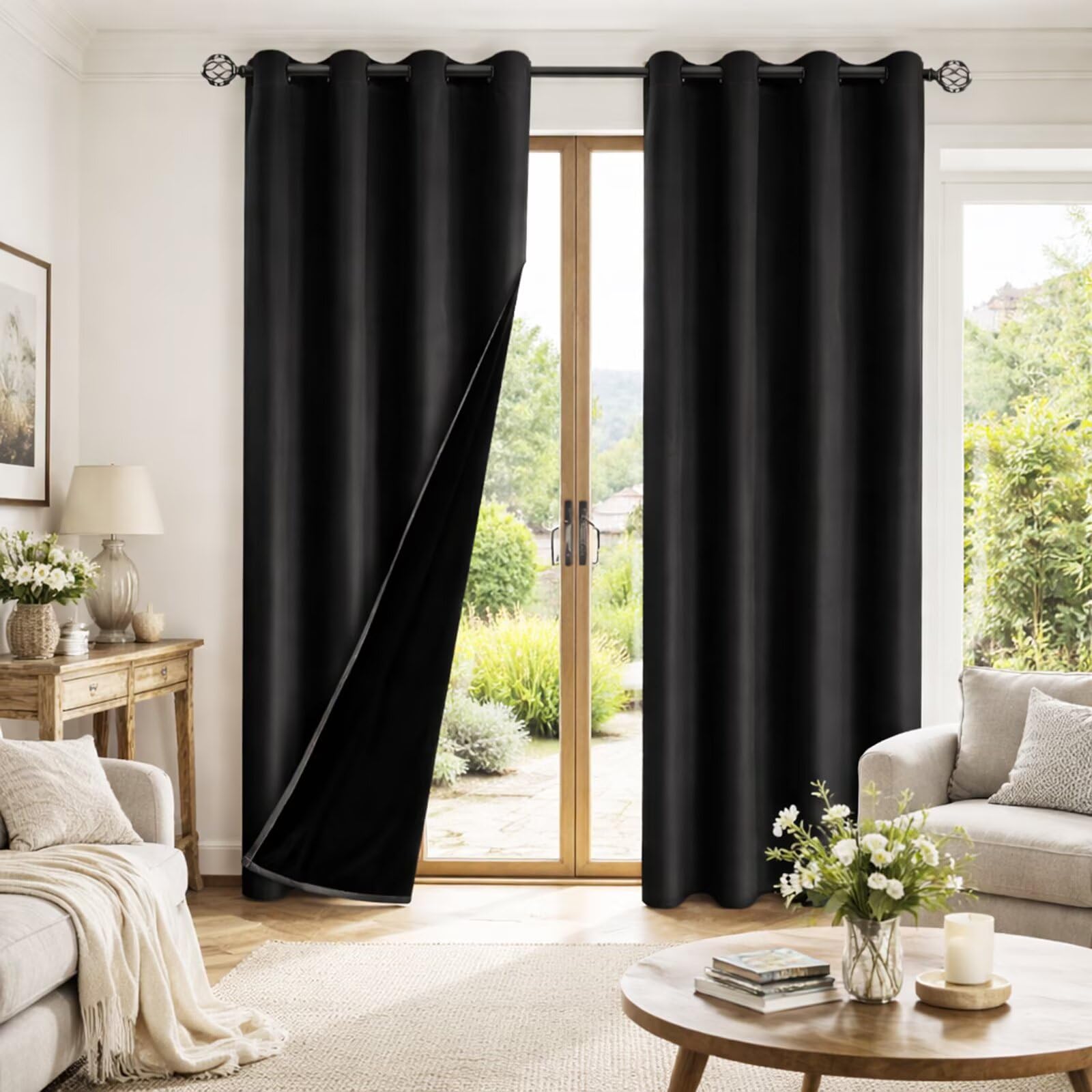 SSWH Tende Oscuranti per Interni, Tenda Termica da Interno con Occhielli, Tende Camera da Letto Moderna a Tinta Unita con Fodera Nero (Nero, 200 x 120 cm)