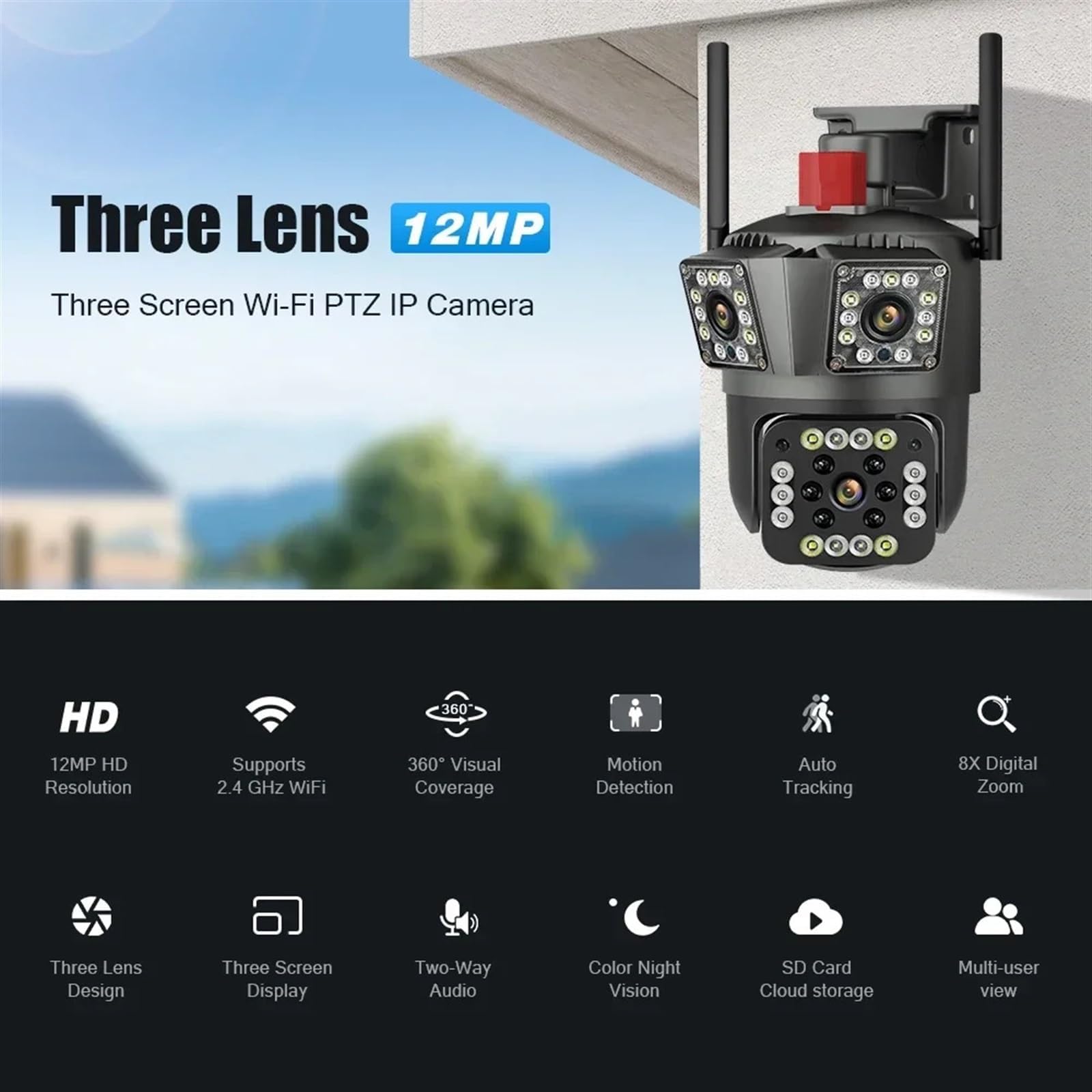 Telecamera di sicurezza PTZ esterna 12MP Triple Lens 3-Screen WiFi Cardless