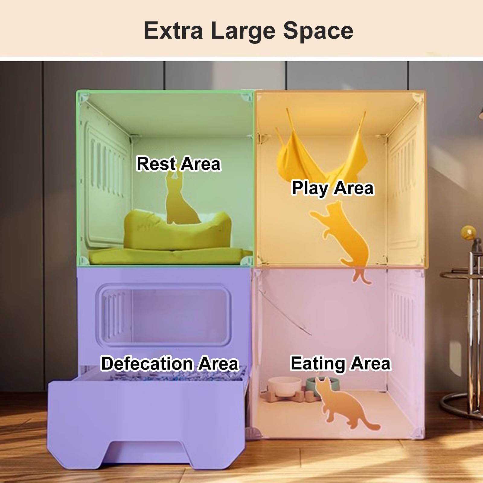 Jaula para Gatos con Ruedas, Jaulas para Gatos de Interior con Caja de Arena, Casa para Gatos de Interior, Recinto para Gatos de 2 Niveles para Bricolaje, para 1-2 Gatos