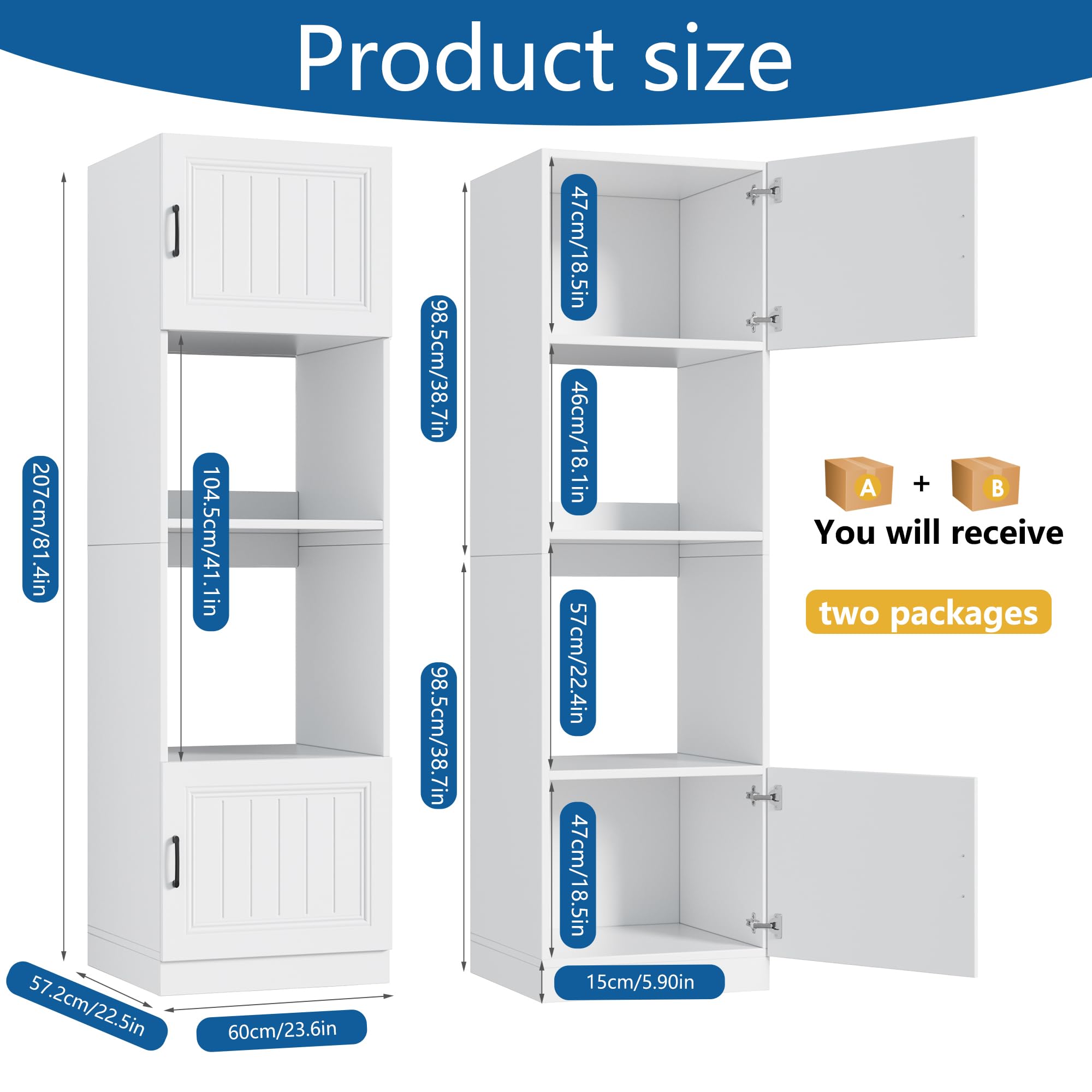 MSFE Armario de Cocina Alto para Microondas y Horno,Armario para Microondas con Mucho Espacio de Almacenamiento 60 * 57.2 * 207 cm,Muebles de Cocina de Madera,Blanco Mate,Enviado en 2 Paquetes