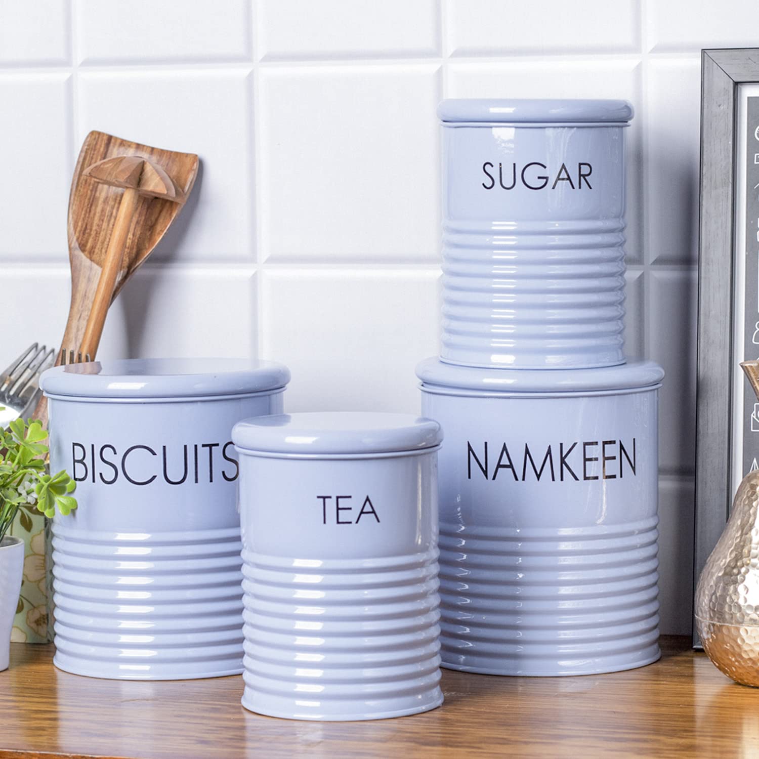 MARKET 99 Tea & Sugar Jar (Each 900 Ml) + Biscuits & Namkeen Jar (Each 1700 Ml) - Light Blue, Set Of 4, Galvanished Iron (B0BYNNTYM8) Amazon Price History, Amazon Price Tracker
