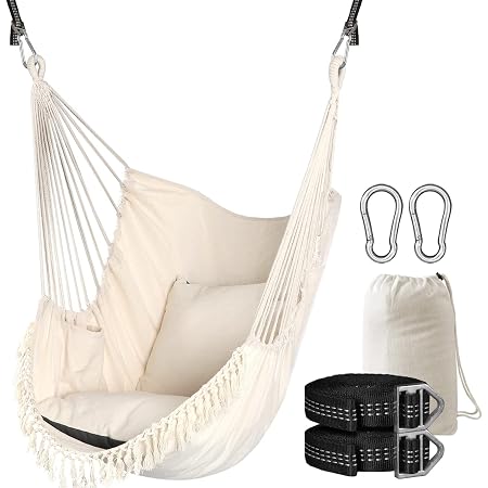 Siège Suspendu Hamac XXL AMANKA 185x130cm En Toile Coton - Gris, Charge 150kg, Barre Bois 115cm