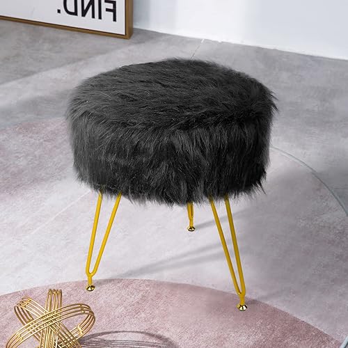 Babion Taburete redondo de visón, otomano de piel sintética, silla de tocador negra para sala de maquillaje, cómodo taburete otomano de maquillaje