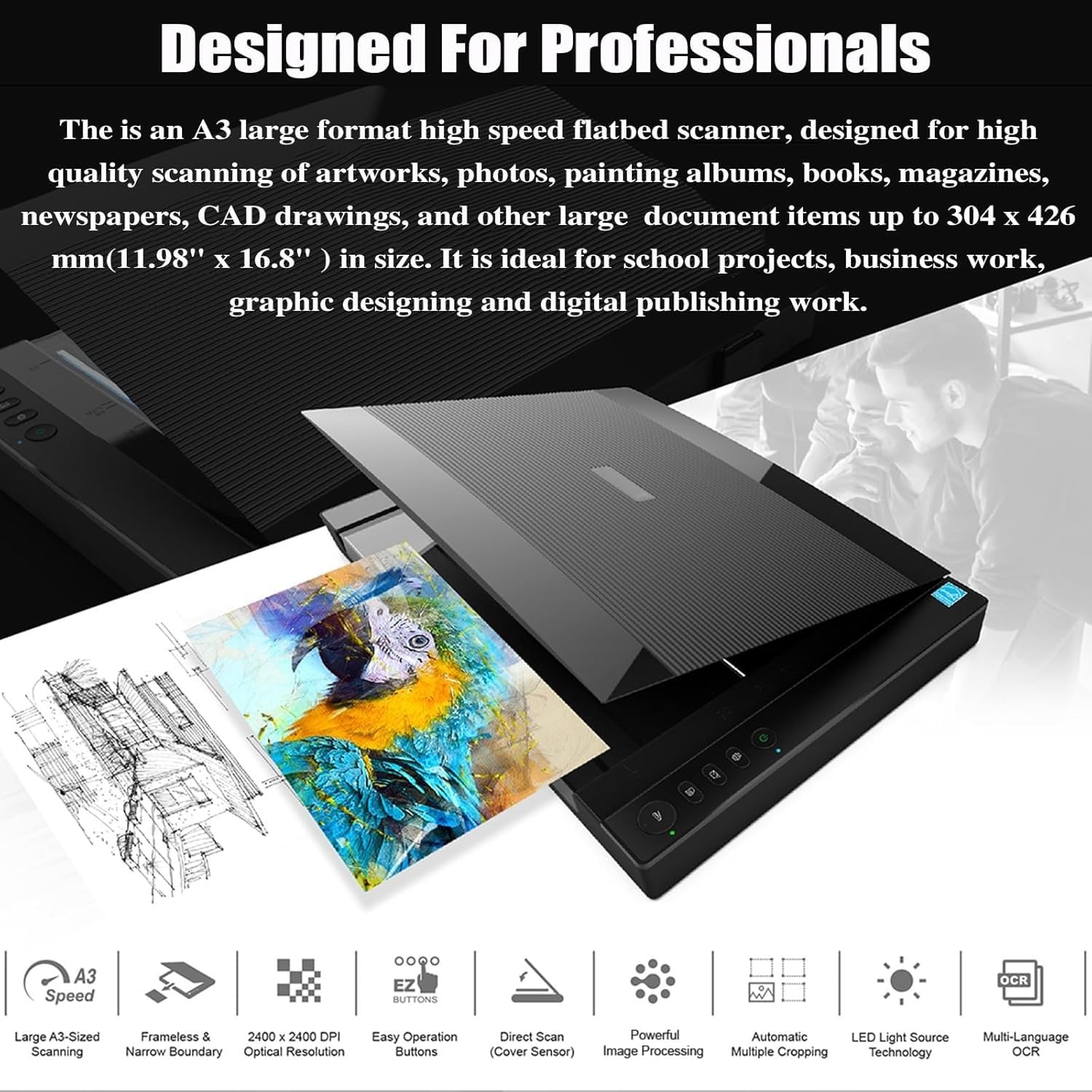 Scanner piano di grande formato ad alta velocità, scanner fotografico ad alta definizione da 2400 DPI, scansione di 12" x 17" in 4 secondi, for ufficio e istruzione, supporta Windows e iOS.