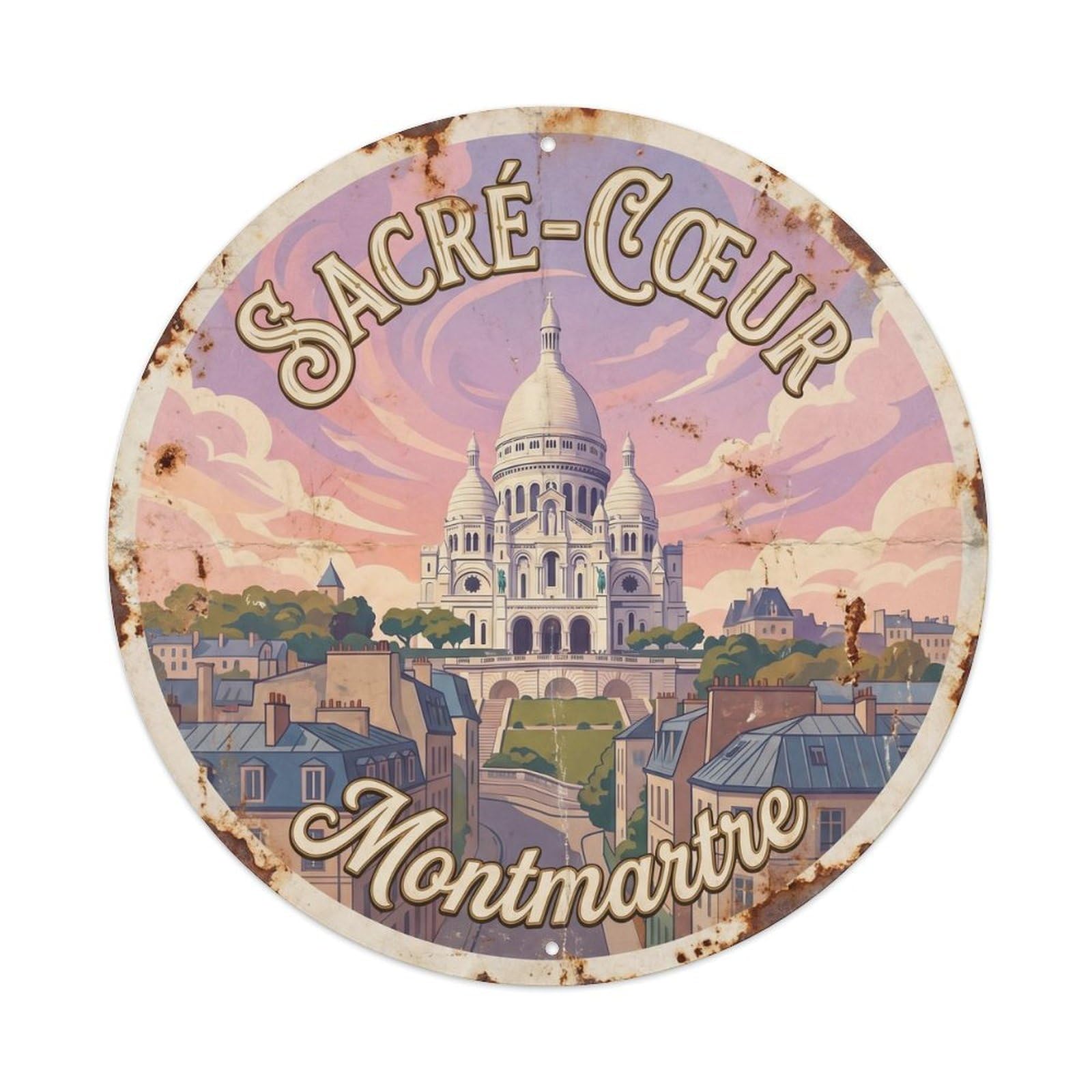Vintage Travel Sacre Coeur Paris Metal Tin Sign Plaque Wall Decor for Cafe, Club, Garden Round Metal Poster 8x8Inch