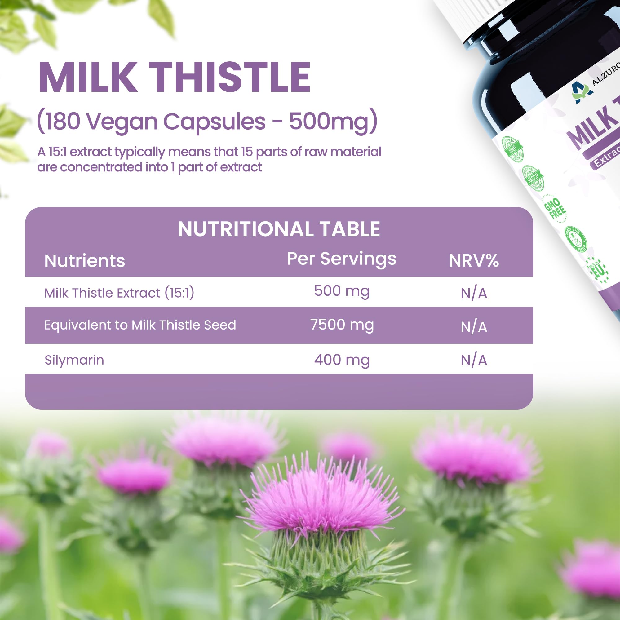 Milk Thistle | 6 000 mg Équivalent | Extrait 15:1 500 mg (80% Silymarine) | 180 Gélules Végétales | Chardon-Marie – Silybum marianum | GMP & Testé en Laboratoire Indépendant