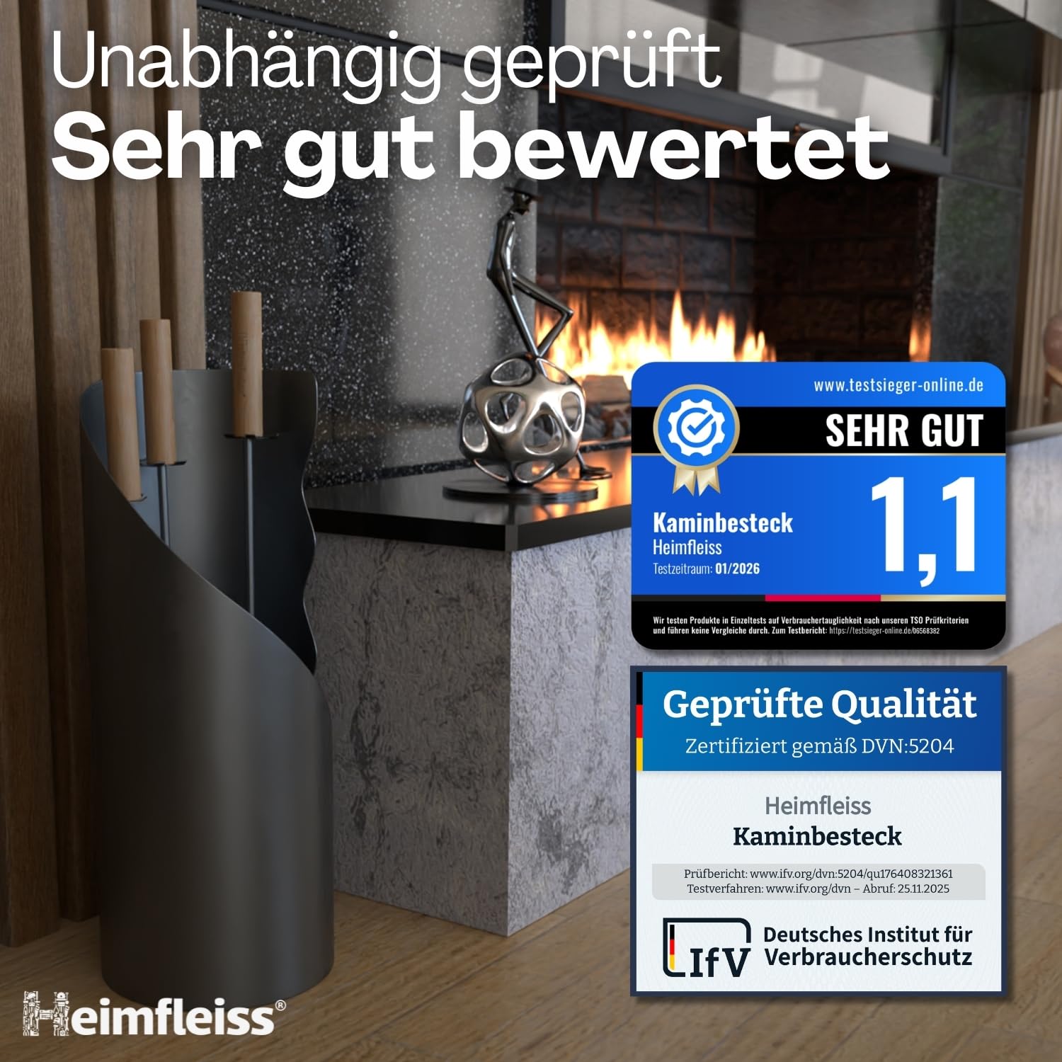 Heimfleiss® Kaminbesteck Modern Grau | Ofenbesteck Kaminbesteck Set | Hochwertiges Kaminset aus Schürhaken & Kehrset | Kaminzubehör mit Holzgriff | Kaminofen Besteck Anthrazit | Kamingarnitur für Ofen