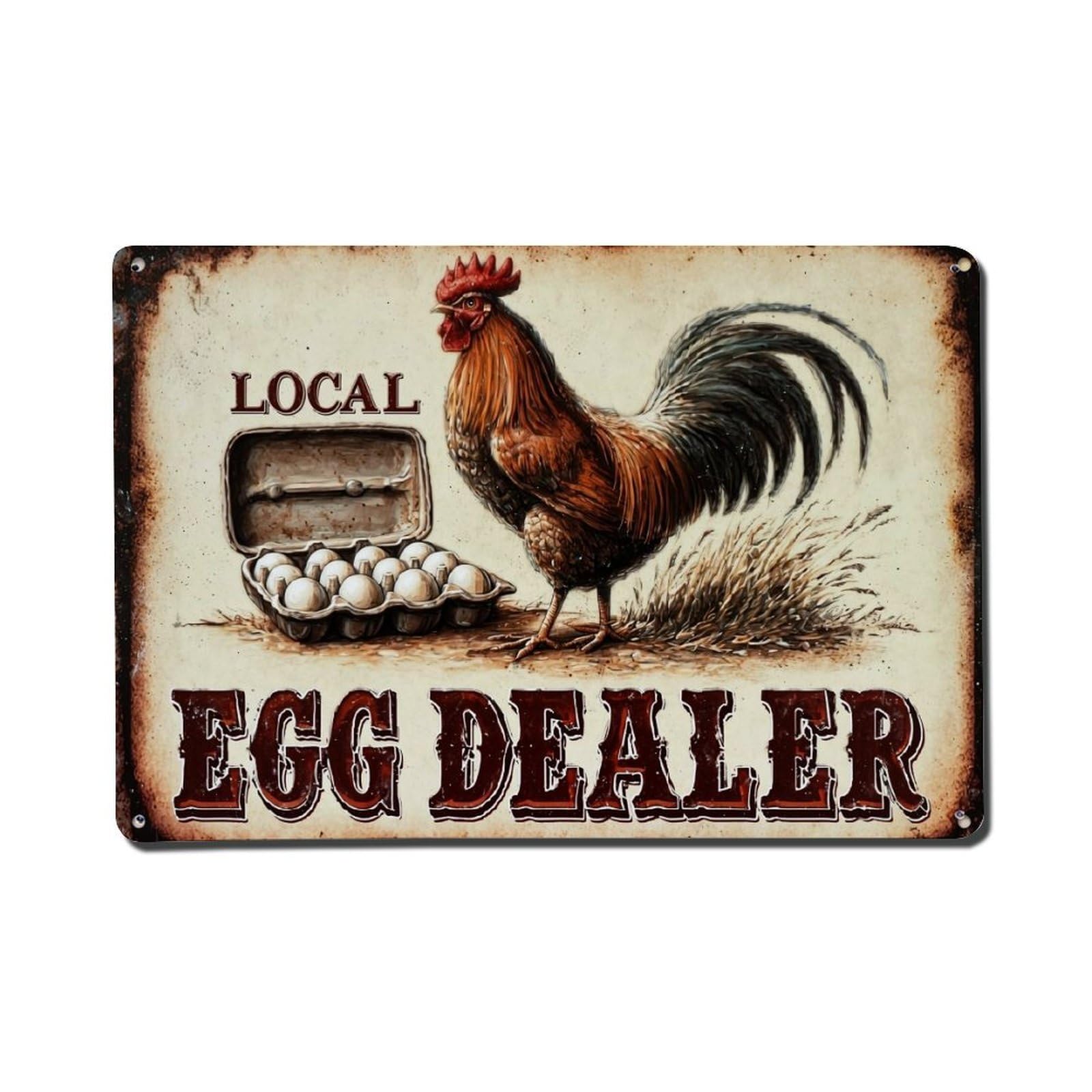 Local Egg Dealer Rooster Carton Retro Metal Tin Sign, Vintage Decor Art Poster for Bar, Home, Man Cave, Kitchen, Laundry Room Gift 8x12Inch