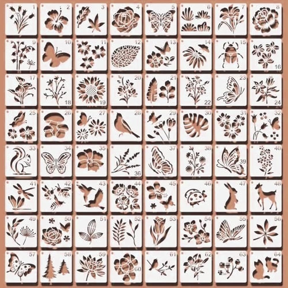 Flower Stencils, 64Pcs Flower Stencils for Painting Reusable Butterfly Flower Bird Drawing Stencil Painting Openwork Stencil Painting DIY Crafts on Wood Wall Home Decor