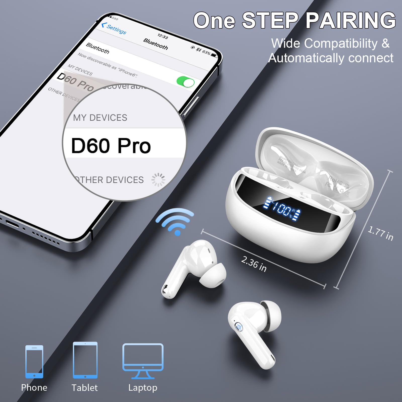 Cuffie Bluetooth, Auricolari Bluetooth 5.4 con 4 HD Mic, Cuffie Wireless In Ear Stereo HiFi, 45 Ore Cuffiette Bluetooth con LED Display, ENC Cancellazione Rumore, IP7 Impermeabili, Touch Control