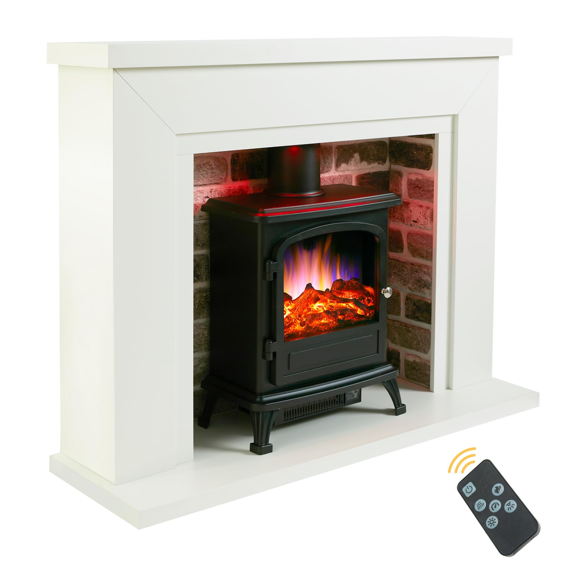 Endeavour Fires And Fireplaces White Top + Red Brick Endeavour Fires Farlington Electric Fireplace, Black Log Burner Stove In 48’’ Off White Surround, Led Downlights With Remote Control (White Top/Red Brick)