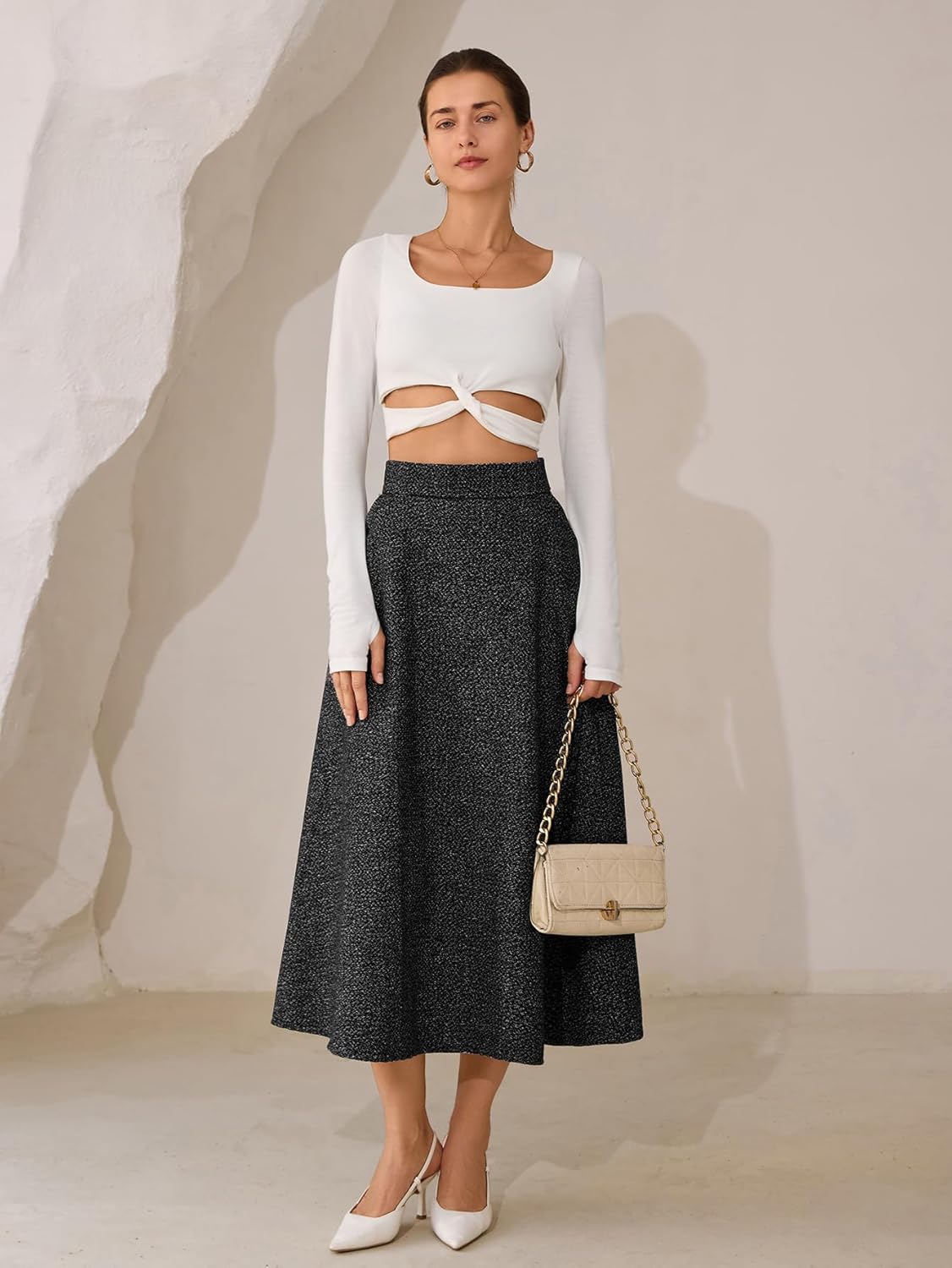 Choies Women Winter Skirt,Aline Long Fall Skirt with Pockets and High Elastic Wasit - Image 2