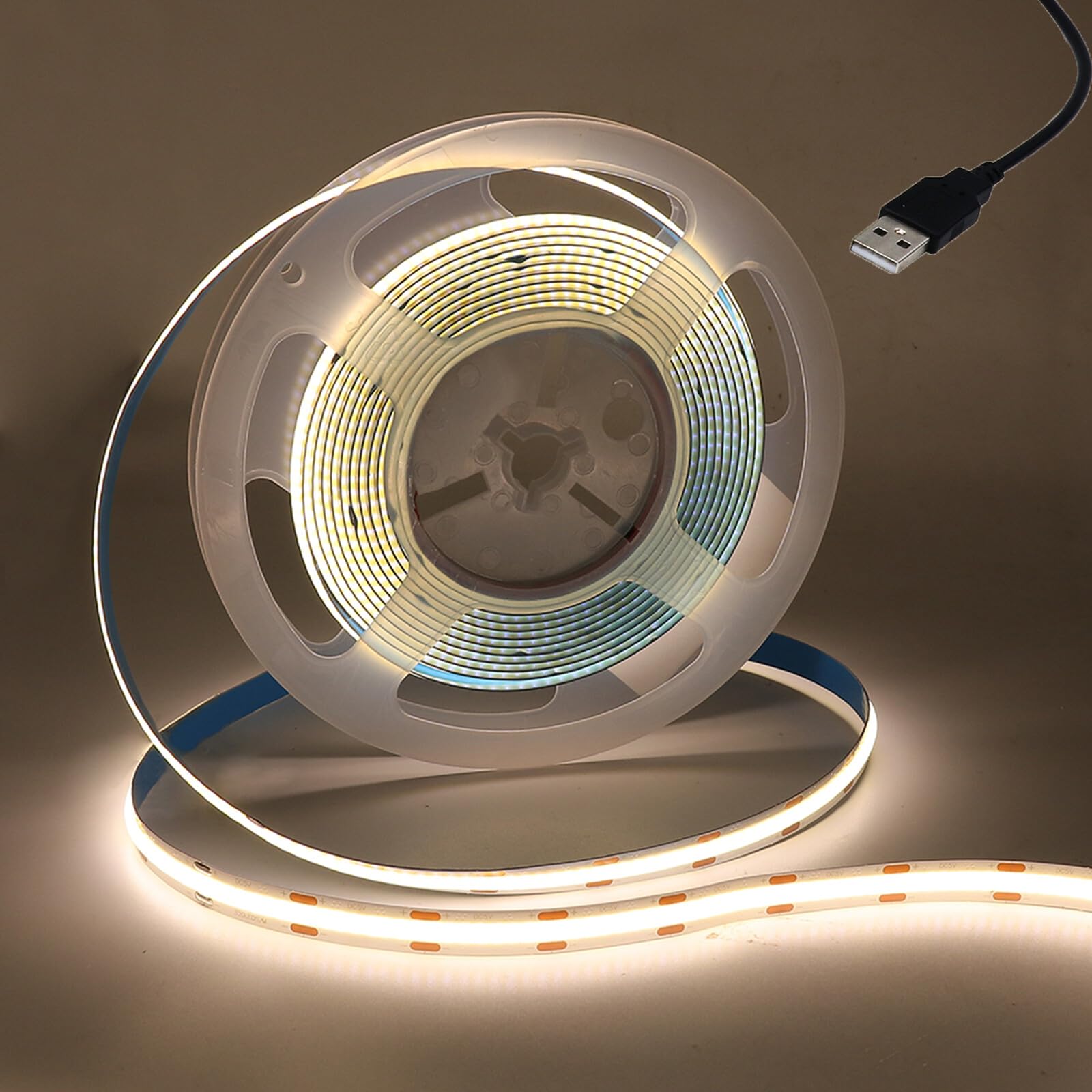 Wisada 5V USB COB LED Strip[2M,Natural White 4000-4500K],USB Powered,320 LEDs/M Cuttable Flexible FCOB Fairy Light CRI85+,Bedroom Cabinet Kitchen TV Background Decoration - Power Supply Not Included