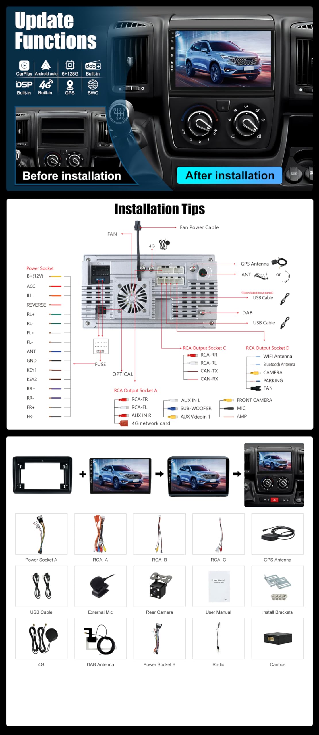[Eingebaut 4G DAB]- 6G+128G - Autoradio für FIAT Ducato/Peugeot Boxer/Citroen Jumper (2006-2015)- Android 16 Radio - Carplay/Android Auto - Kamera - QLED 9 Zoll 2 Din - Lenkradsteuerung HDMI