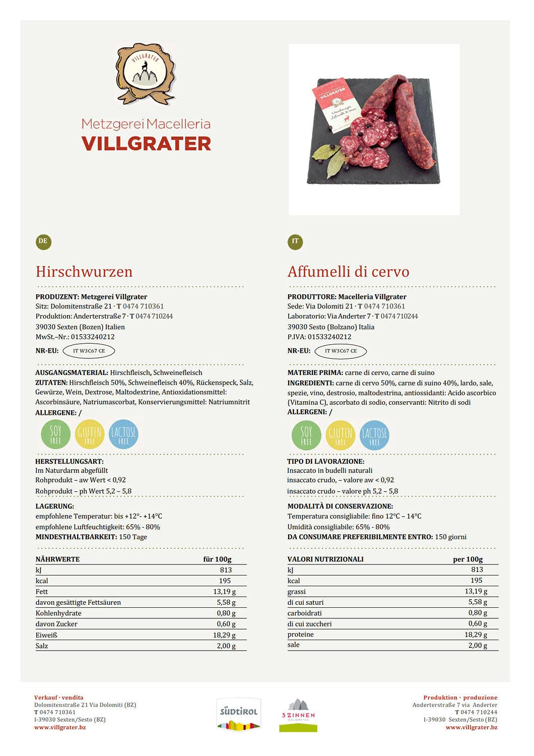 Südtiroler Hirschwurzen Villgrater ca. 1,1 kg.