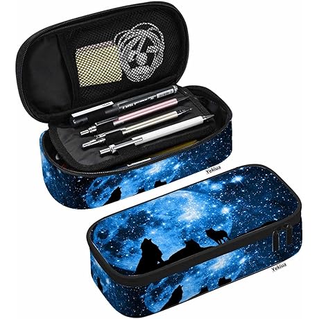 Wolf School Supplies: Pen Bag Mountain Wolves Full Moon Starry Sky Large...