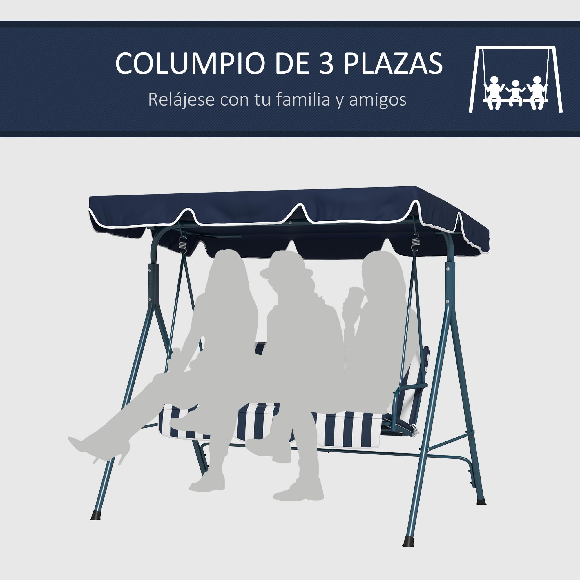 Outsunny Columpio de Jardín Exterior de 3 Plazas, Balancín de Jardín Exterior con Techo Ajustable y Marco de Acero, para Balcón, Terraza, Patio, Carga 240 kg, 172x110x153 cm, Raya Azul