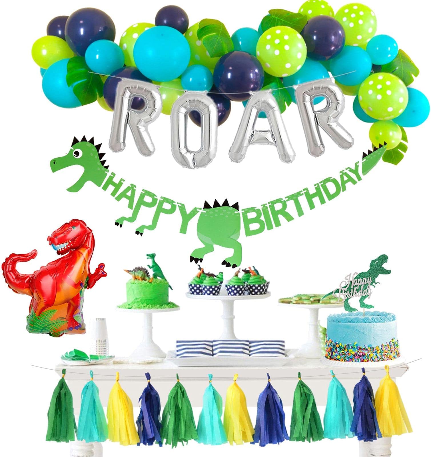 Dinosaur Party Decorations Balloons Garland Arch ROAR Foil Balloon Jungle Theme Tassels for Boys 1 2 3 4 Birthday Party Supplies Baby Shower Backdrop Decor