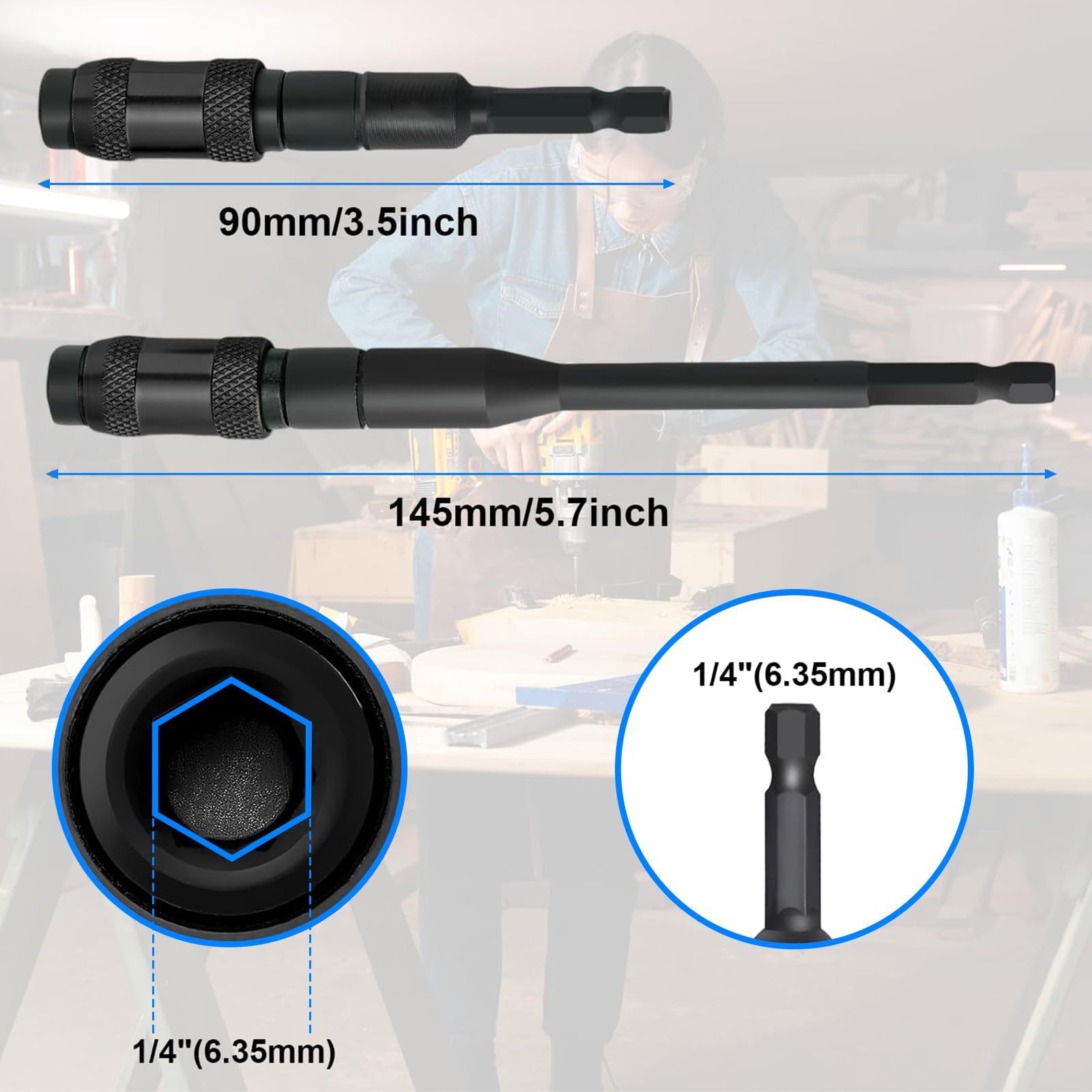 2Pcs Magnetic Bit Holder, 1/4" 90mm & 145mm Pivot Flexible Extension Drill Bit Holder, 20 Degree Quick Rotary Release Extension Screwdriver Bit Holder, for Narrow Spaces or Corners - Image 2