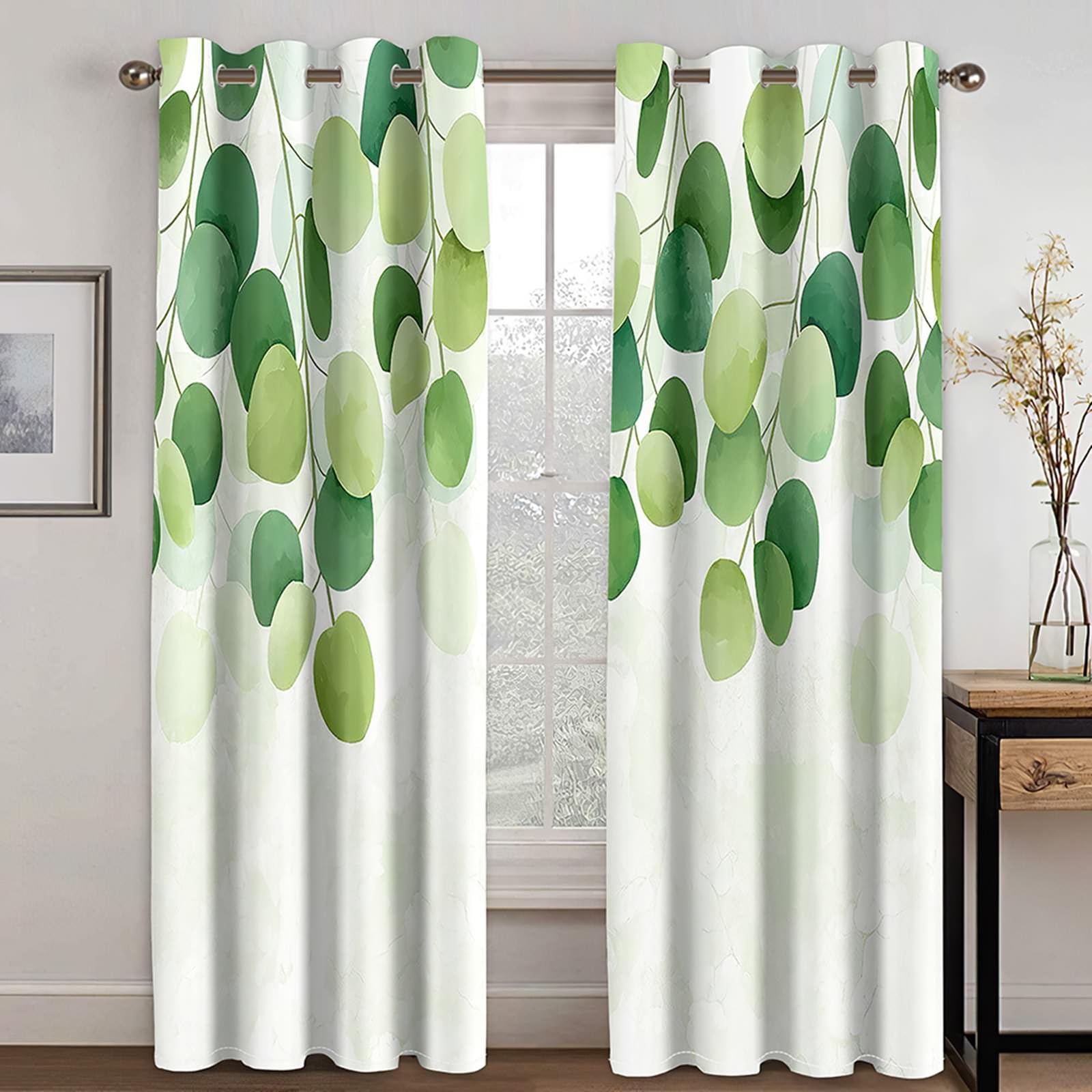 Vorhänge Verdunkelung, Gardinen Grün Zweige Blätter H 138 x B 96 cm Blickdicht Vorhang mit Ösen für Wohnzimmer, 2er Set