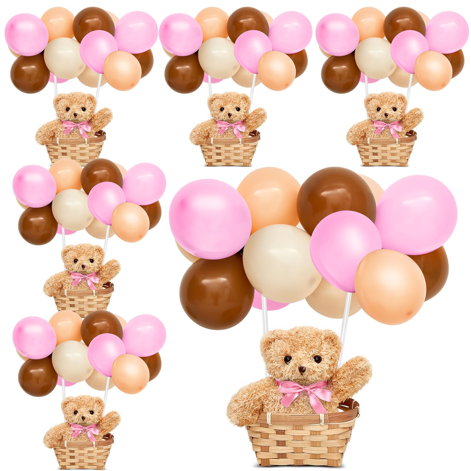 Hollowfly 6 Set Bear Baby Shower Party Decoration Table Centerpieces 6 Gender Reveal Stuffed Plush Bears 6 Bamboo Baskets 60 Colorful Balloons 12
