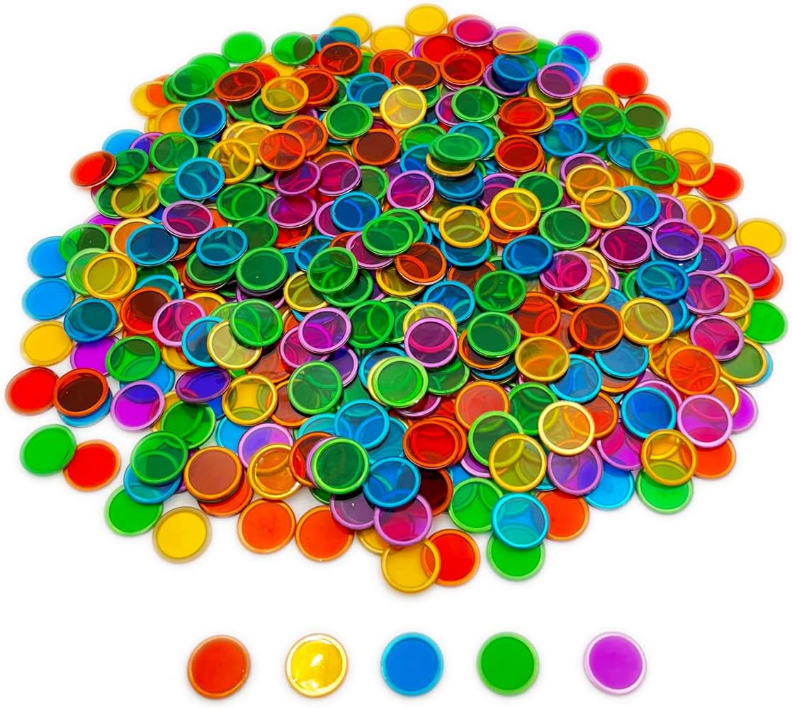 JUNWRROW 300 Pieces 5 Color Magnetic Transparent Bingo Counting Chips with Metal Edge