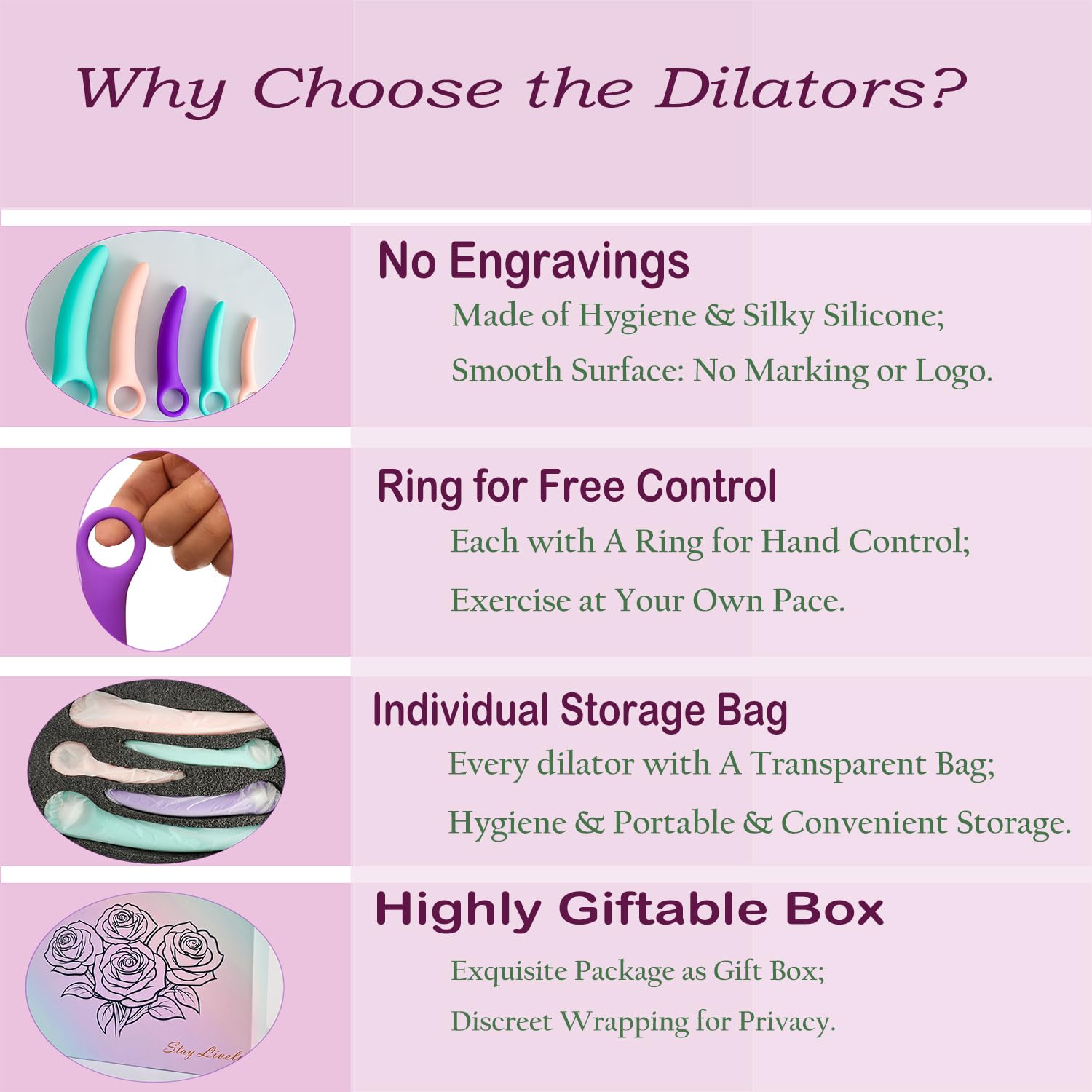 Dilatatori per Pavimento Pelvico Donna,Allenatore Muscolare Progressivo,Esercizi per Controllo Della Vescica e Pavimento Pelvico con 5 Pezzi a Colori Pastello, Design Curvo ad Anello e Scatola Regalo