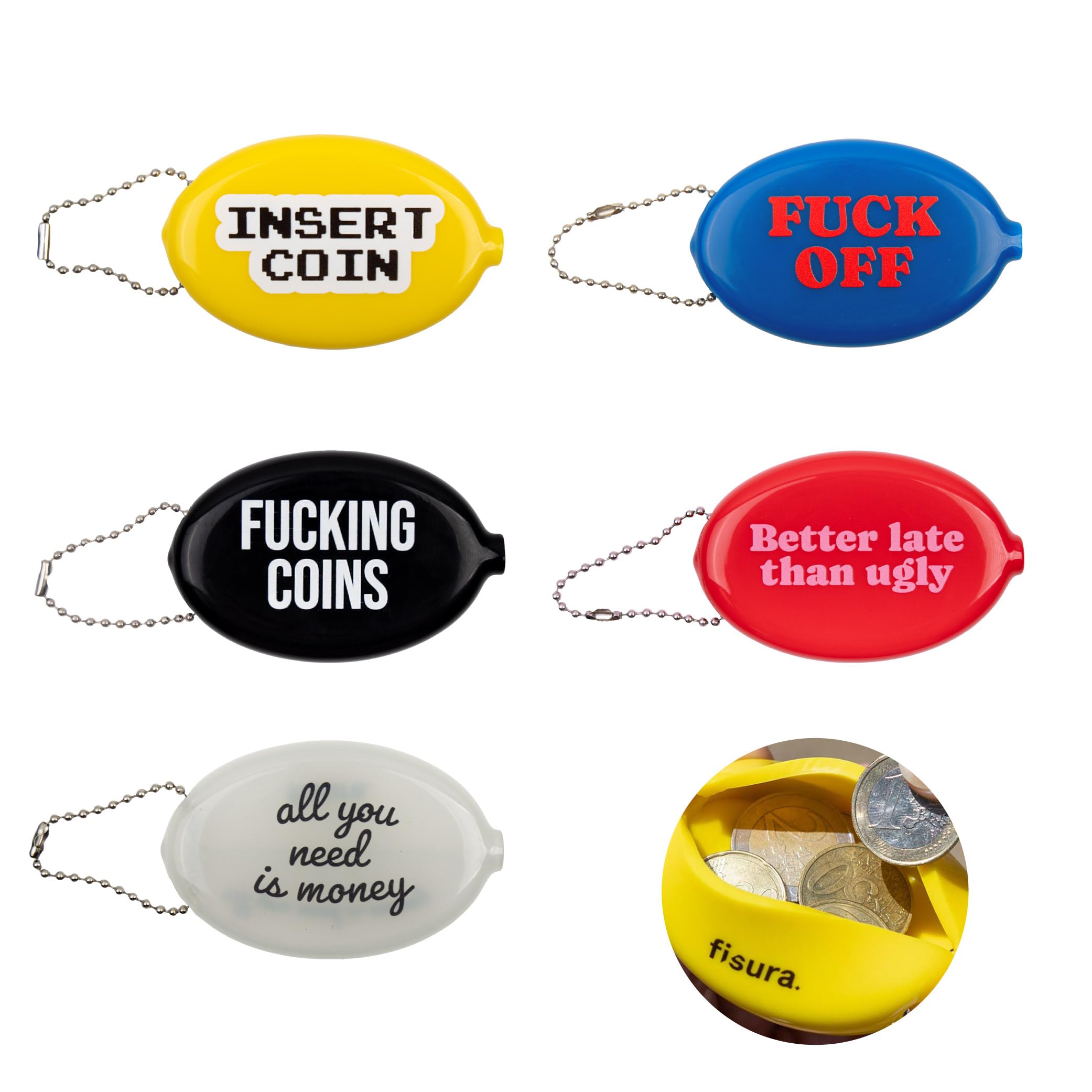 Fisura Oval Rubber Coin Purse Assorted Pack of 5 with Message Retro Coin Purse with Chain Small Wallet for Pocket Unisex Wallet Gift Pack of 5