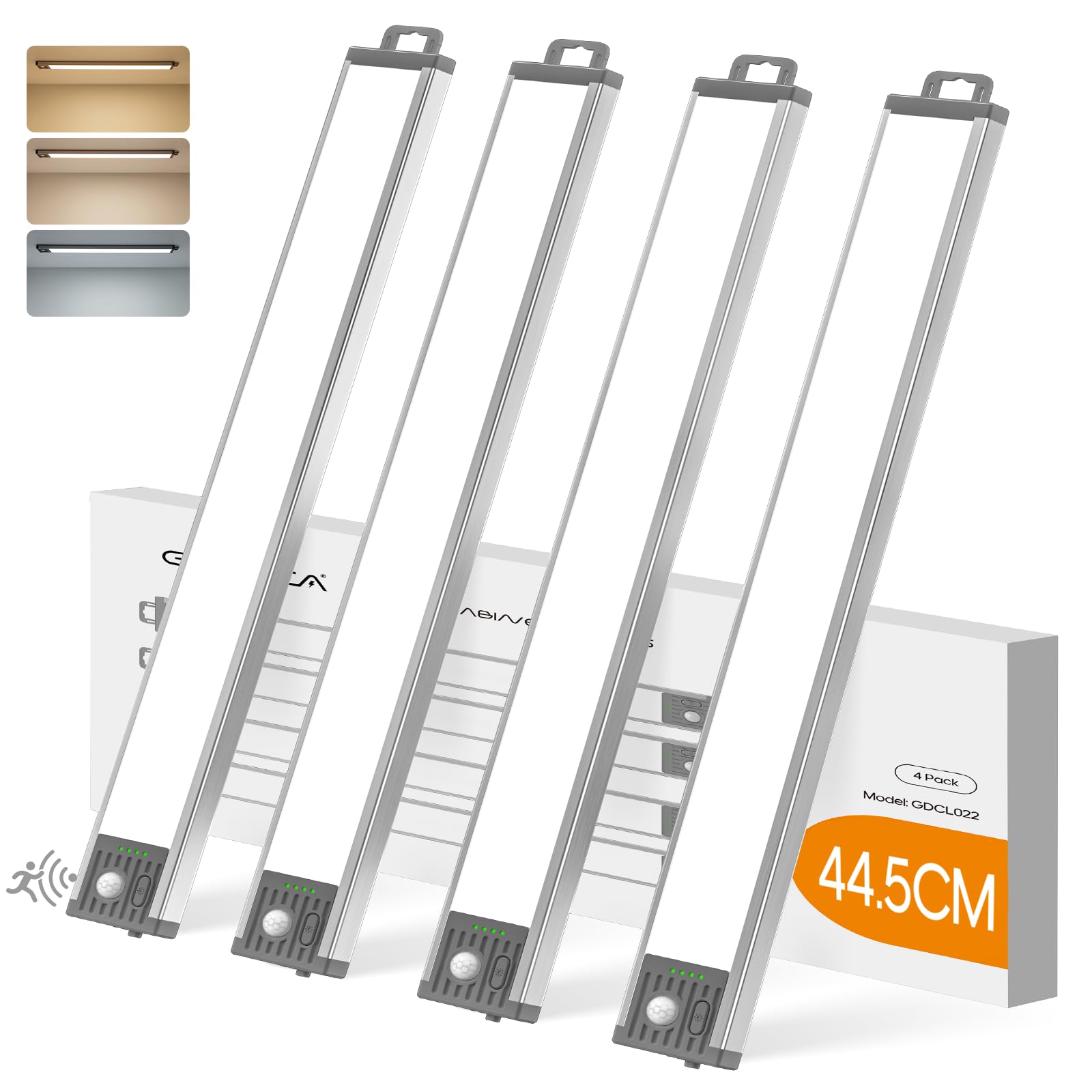 Lampa LED do kuchni, biura, 44,5 cm, bateria 4500 mAh, 76 diod LED, 3 regulowane kolory, magnetyczna, do kuchni, biura, kampera, zestaw 4 szt