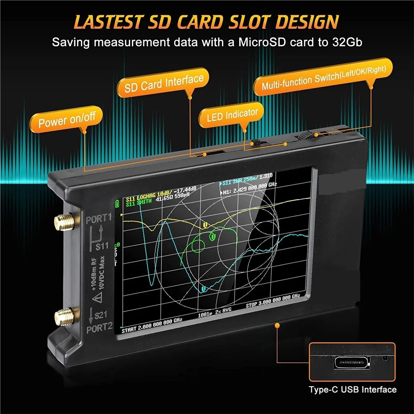 Analizzatori di Spettro, Analizzatore di antenna rete vettoriale VNA 50kHz-6,3GHz 4" Misura parametri S HF VHF UHF SWR Ritardo fase Diagramma Smith