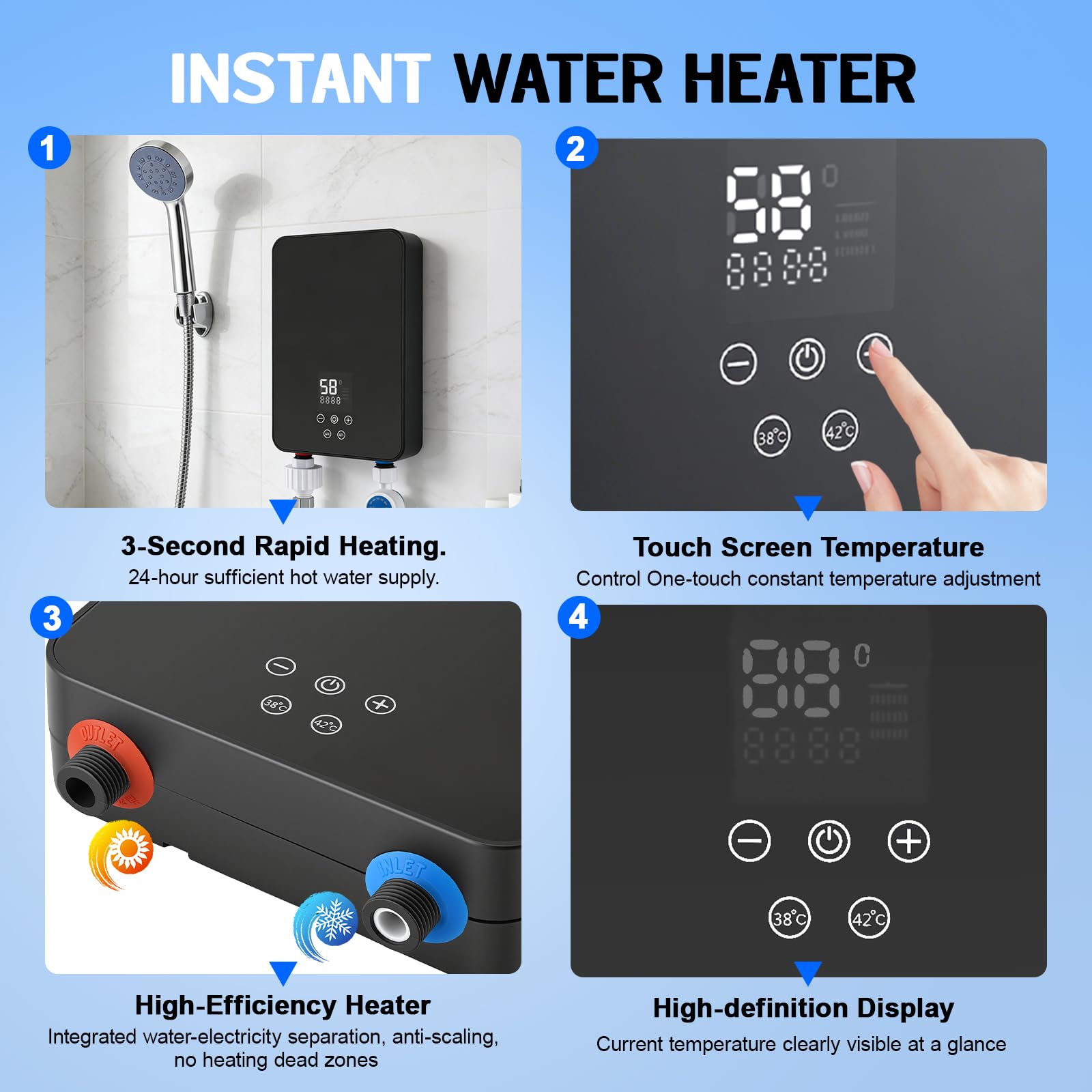 Elektrischer Durchlauferhitzer, 5500W 220V Elektrischer Warmwasserbereiter, Mini Durchlauferhitzer Dusche Kit mit Handbrause LED Temperaturanzeige für Dusche, Badezimmer, Küche