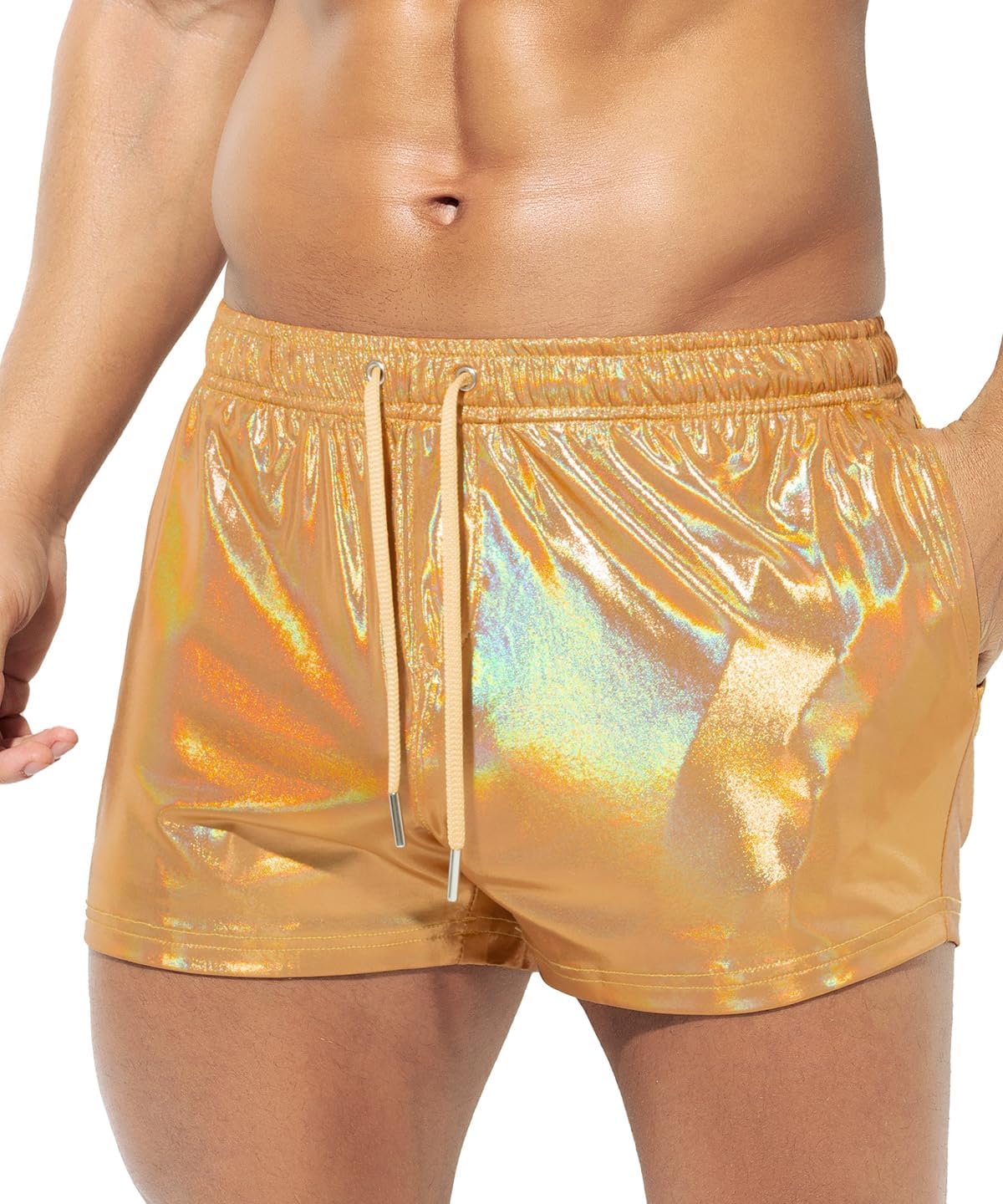 Casey Kevin Men's Holographic Metallic Short Sparkly Shiny Short Pants Rave Outfit Hot Shorts with Pockets and Drawstrings